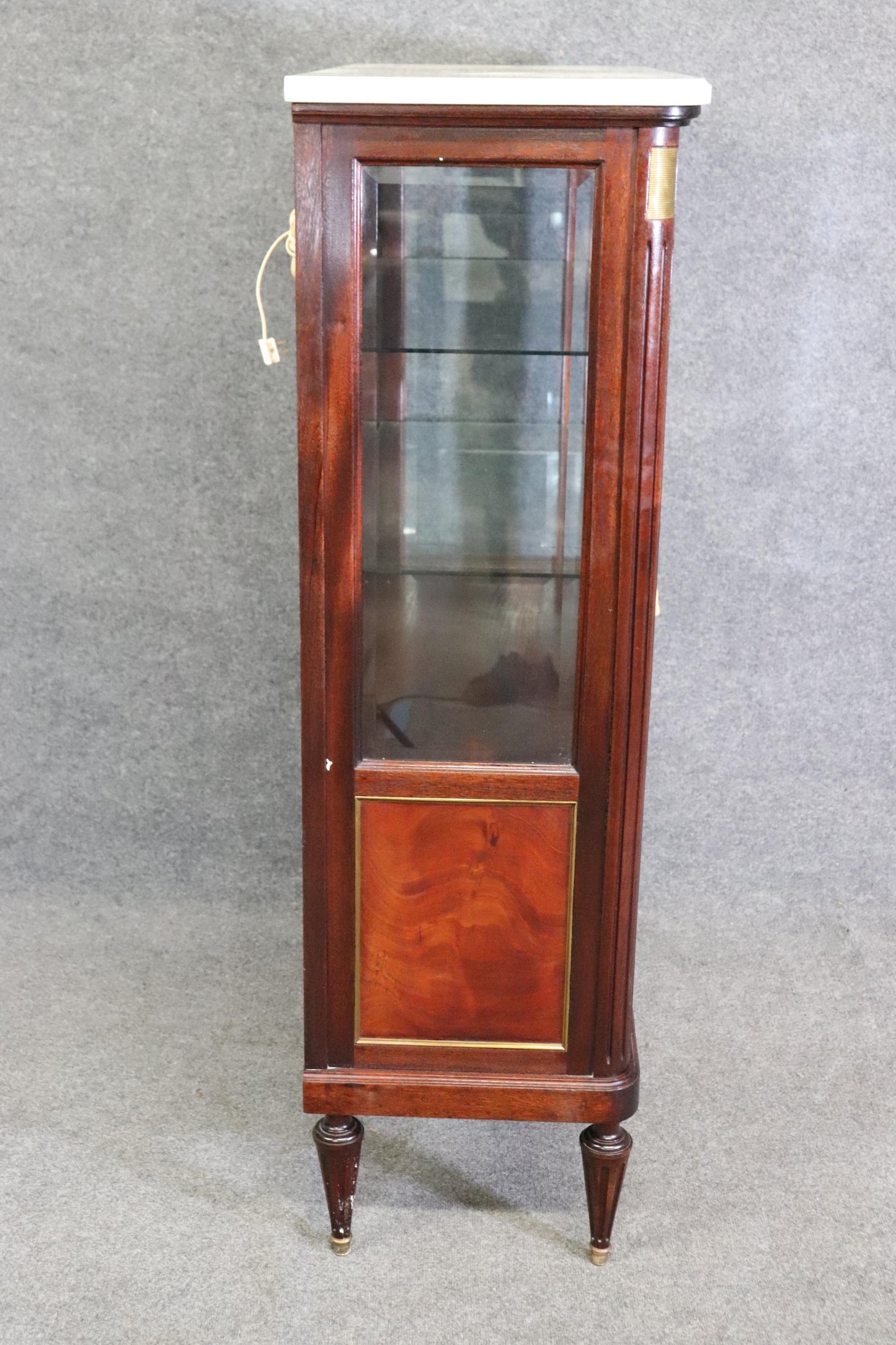 Petite Lighted French Flame Mahogany Louis XVI Directoire Vitrine Marble Top