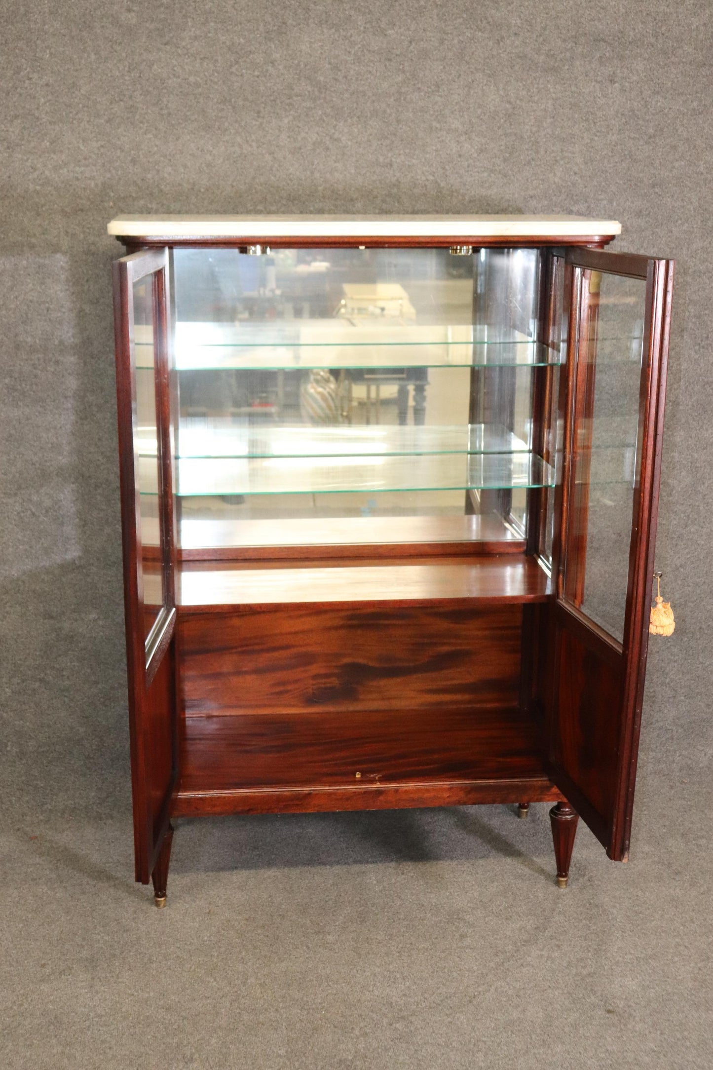 Petite Lighted French Flame Mahogany Louis XVI Directoire Vitrine Marble Top