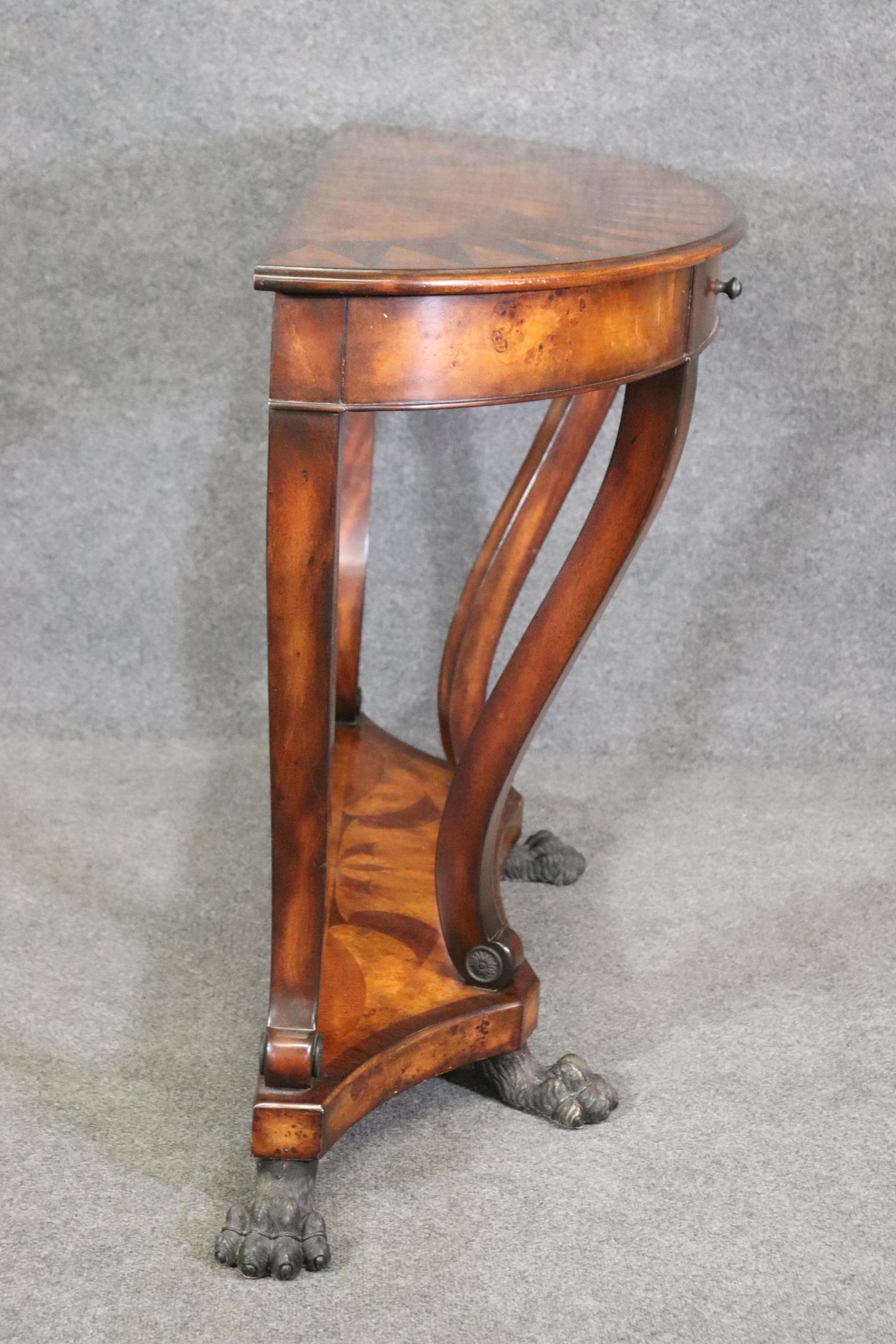 Theodore Alexander Inlaid Bronze Paw Footed Burled Walnut Console Table