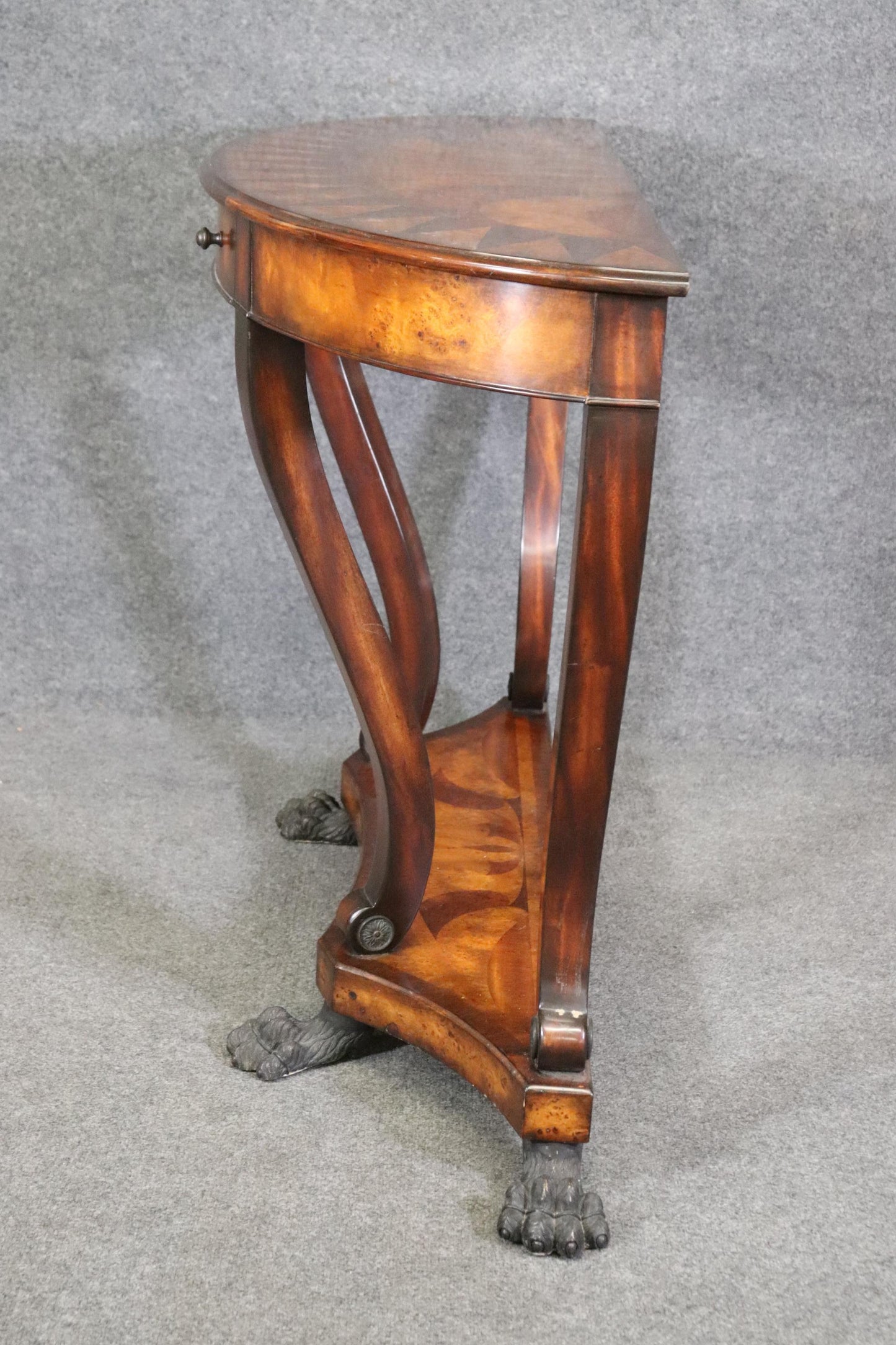 Theodore Alexander Inlaid Bronze Paw Footed Burled Walnut Console Table