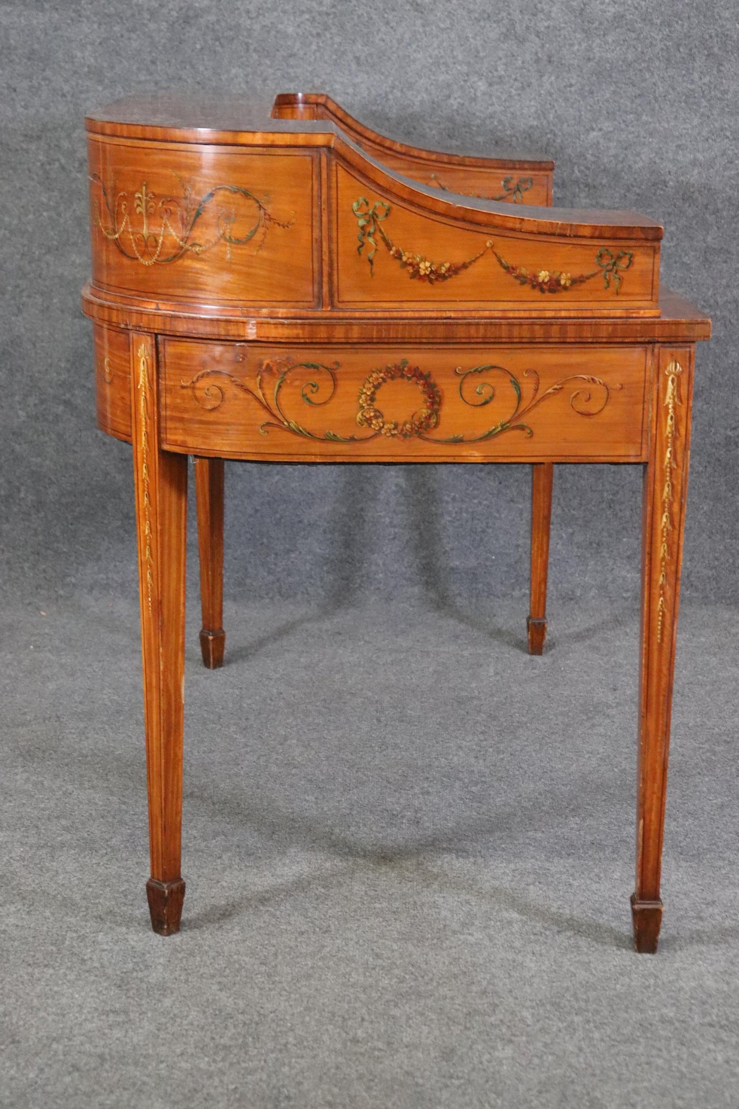 Fine Quality English Satinwood Carlton House Desk with Cherubs and Musical Theme