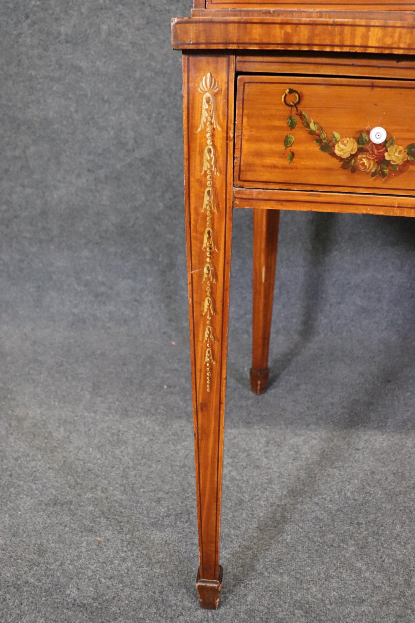 Fine Quality English Satinwood Carlton House Desk with Cherubs and Musical Theme