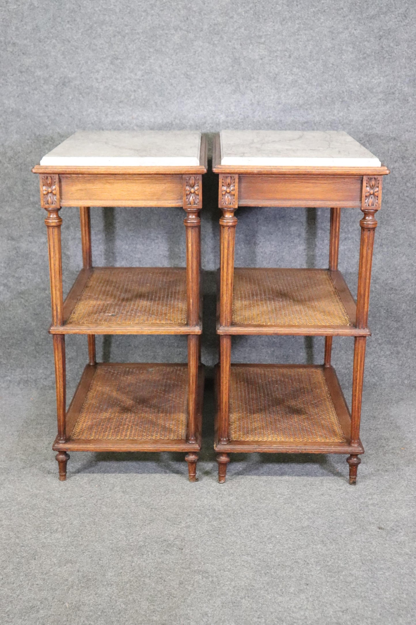 Pair of Marble Top Walnut and Cane Louis XVI End Side Tables Signed Picard