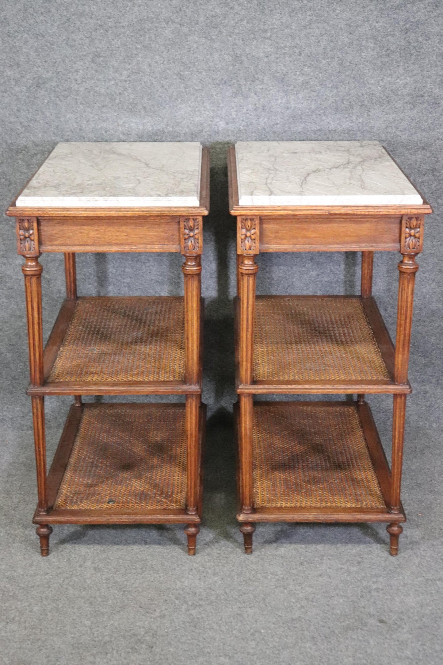 Pair of Marble Top Walnut and Cane Louis XVI End Side Tables Signed Picard