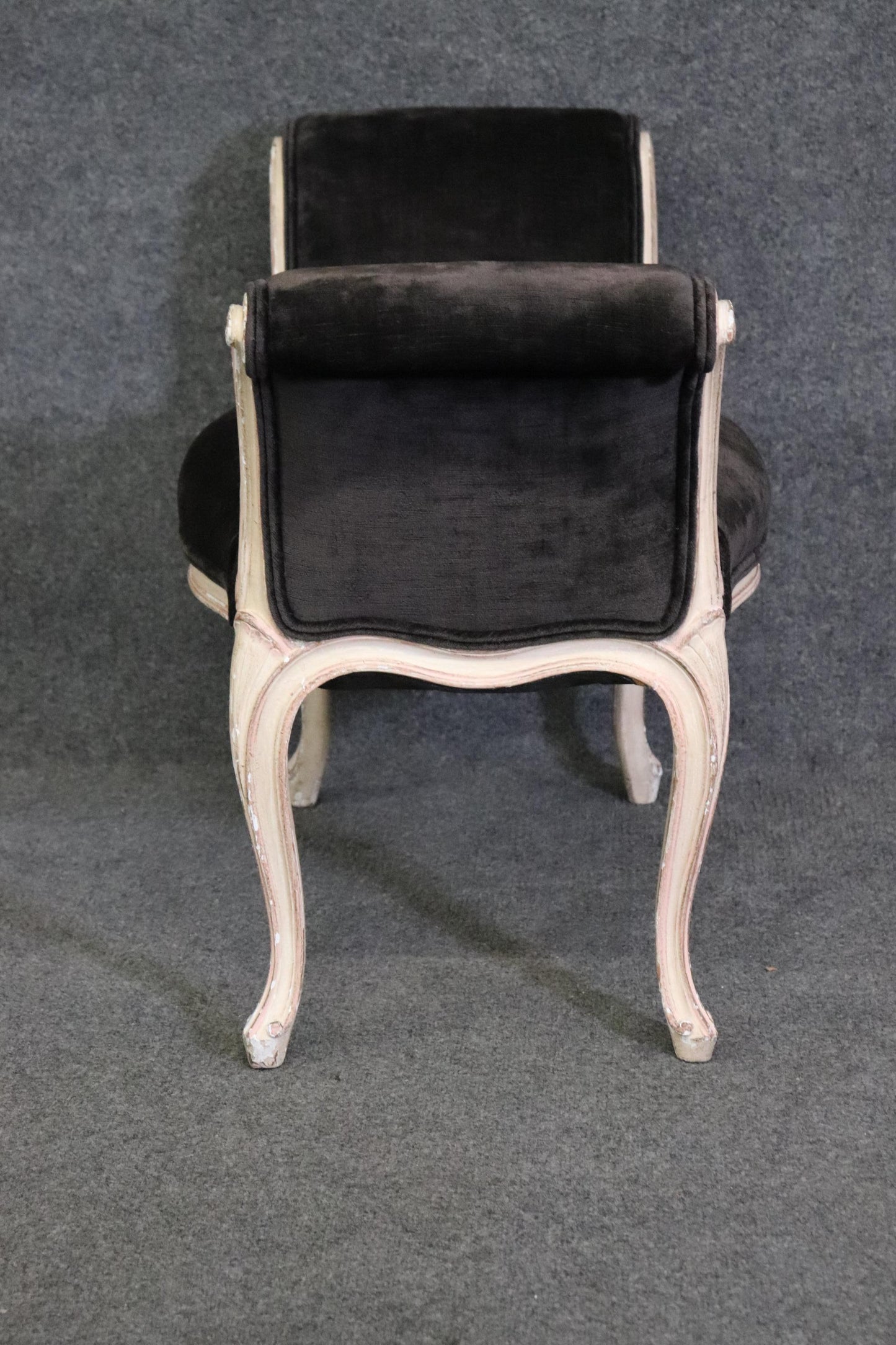 Graceful French Louis XV Black Velvet Upholstered Distressed White Painted Stool