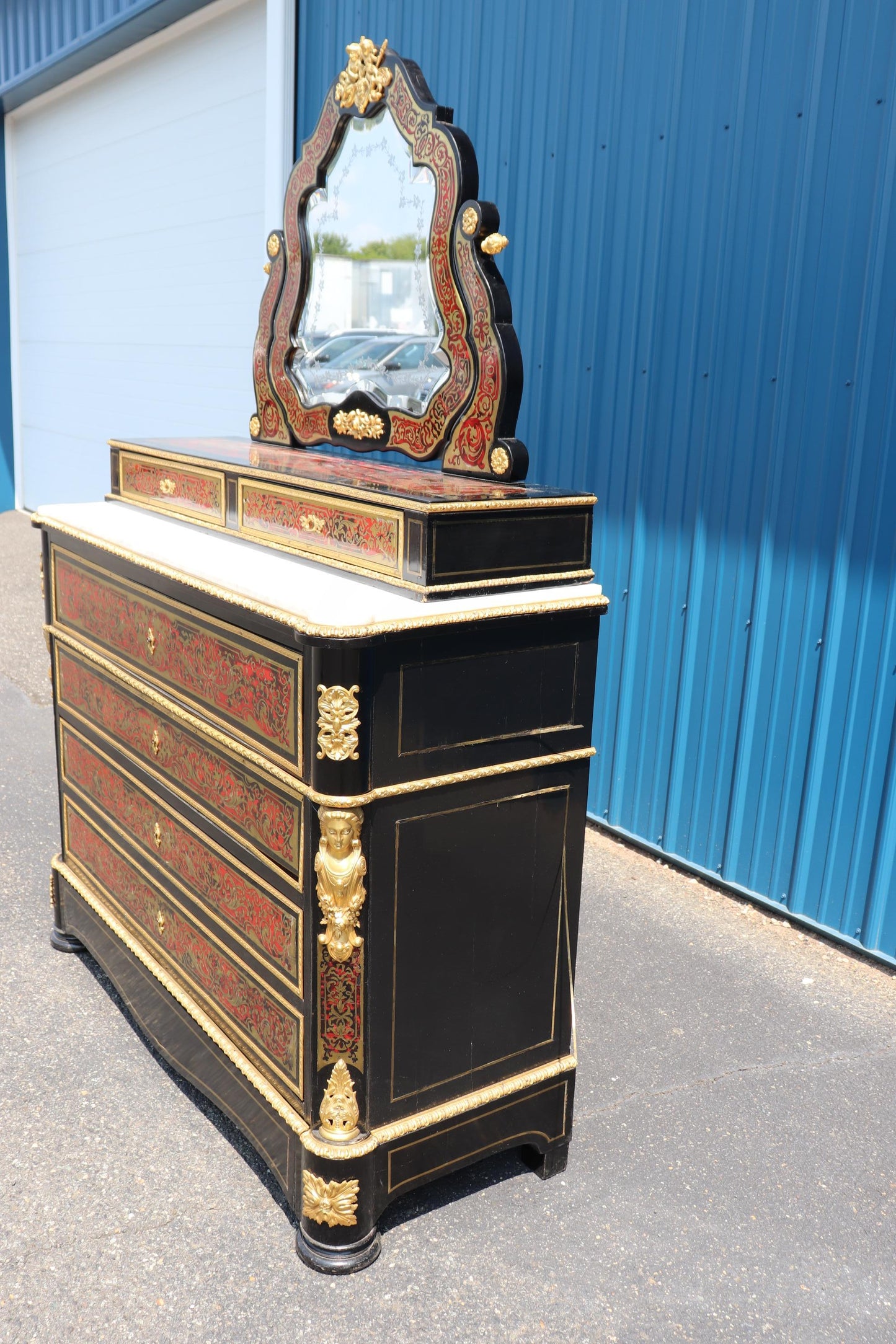 Superb Etched Mirror Brass Inlaid Marble Top Boulle Style Dresser Secretary Desk