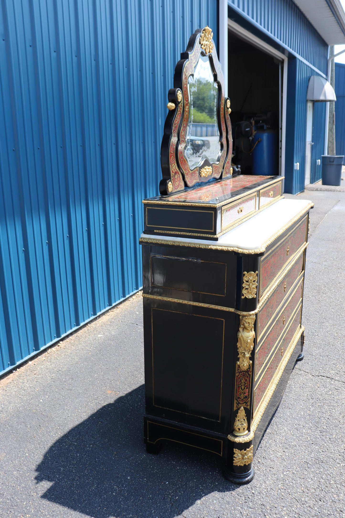 Superb Etched Mirror Brass Inlaid Marble Top Boulle Style Dresser Secretary Desk