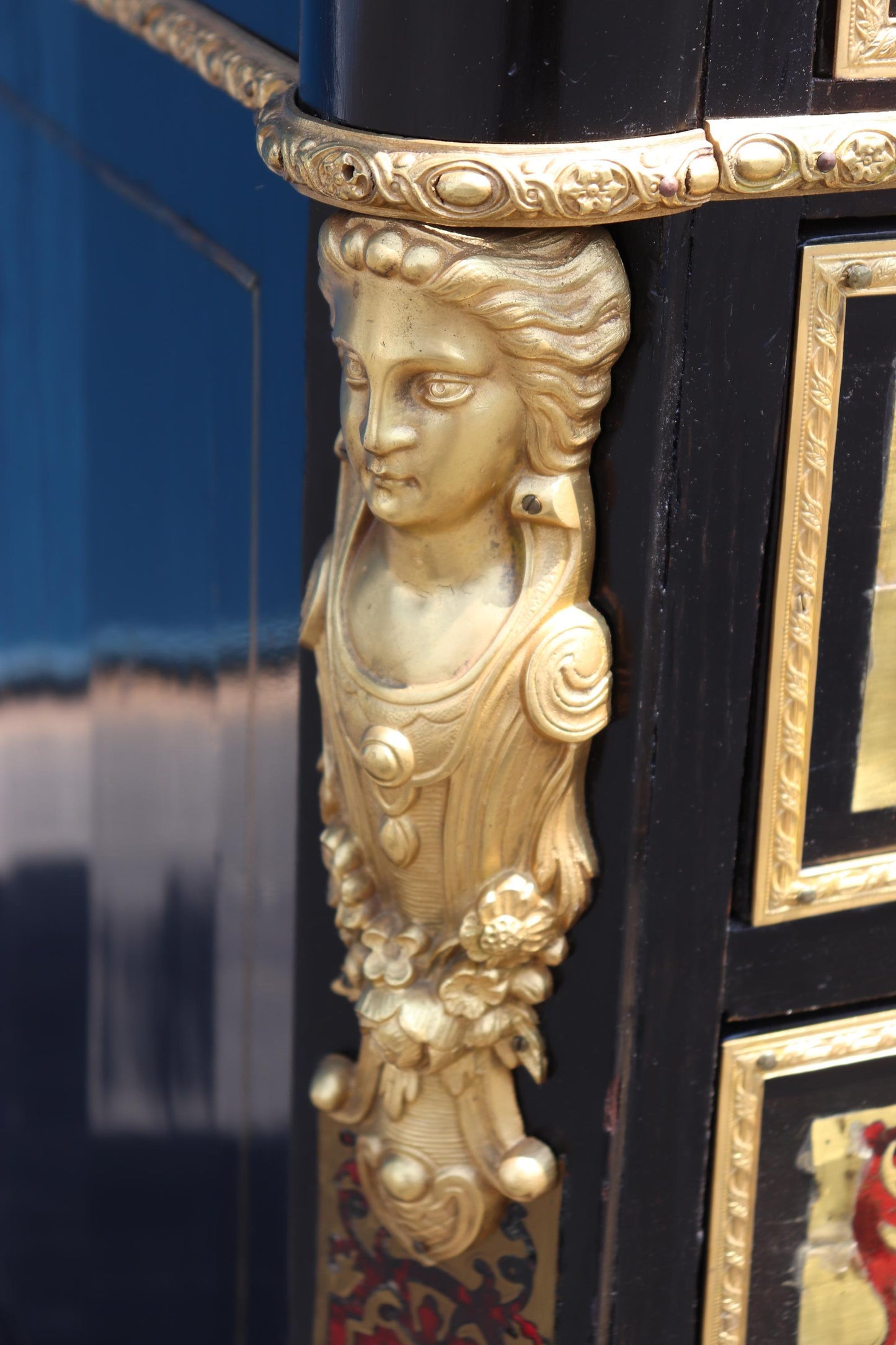 Superb Etched Mirror Brass Inlaid Marble Top Boulle Style Dresser Secretary Desk