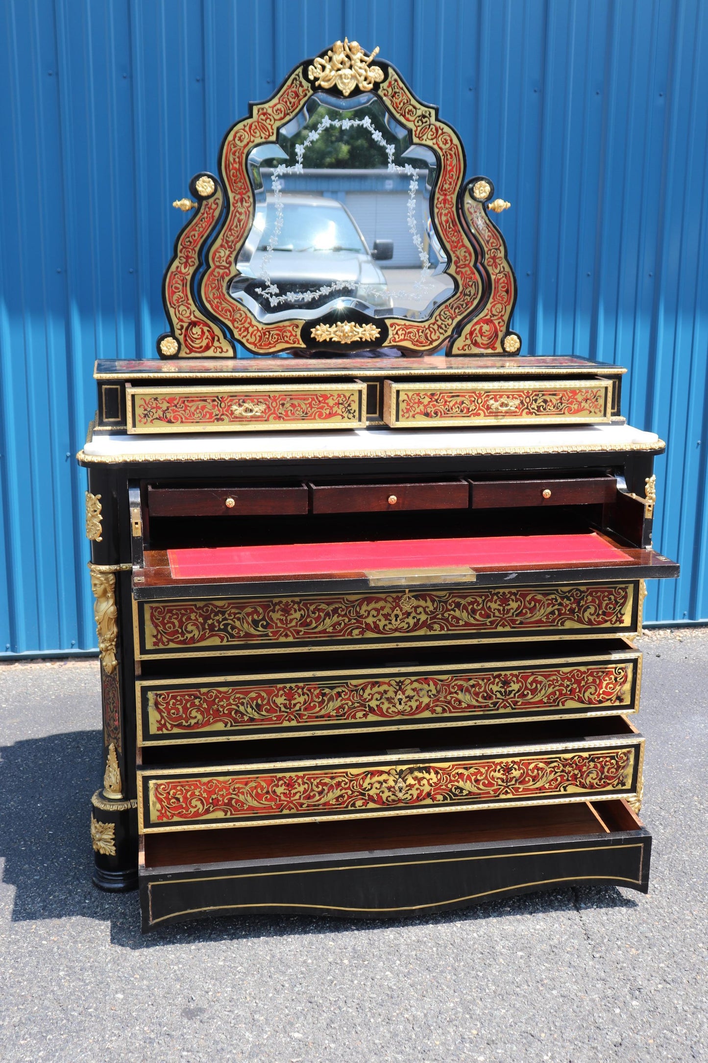 Superb Etched Mirror Brass Inlaid Marble Top Boulle Style Dresser Secretary Desk