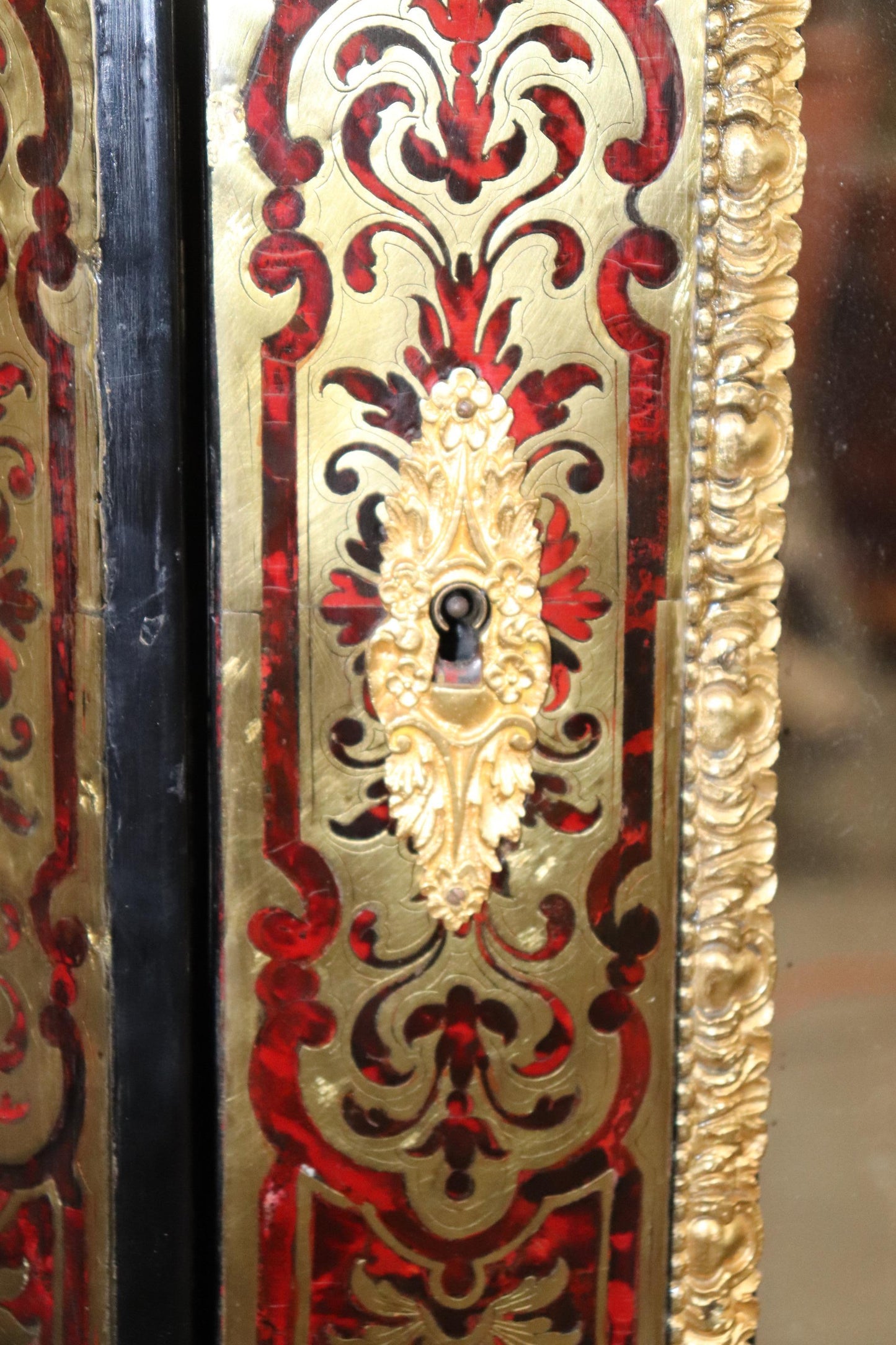 Monumental Brass Inlaid boulle Style Dor'e Figural Bronze Mirrored Armoire