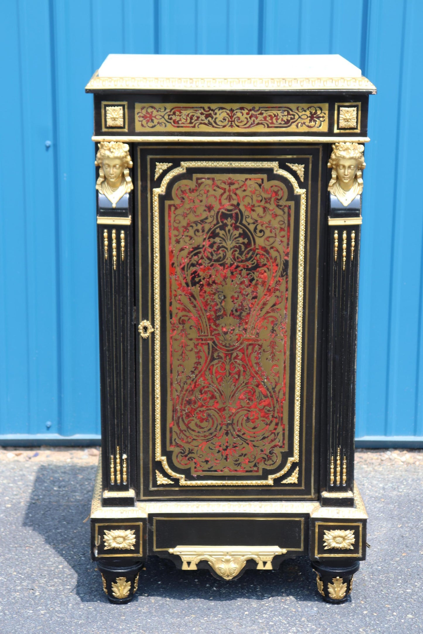 Figural Dor'e Bronze Brass Inlaid Ebonizied Marble Top Boulle Style Nightstand