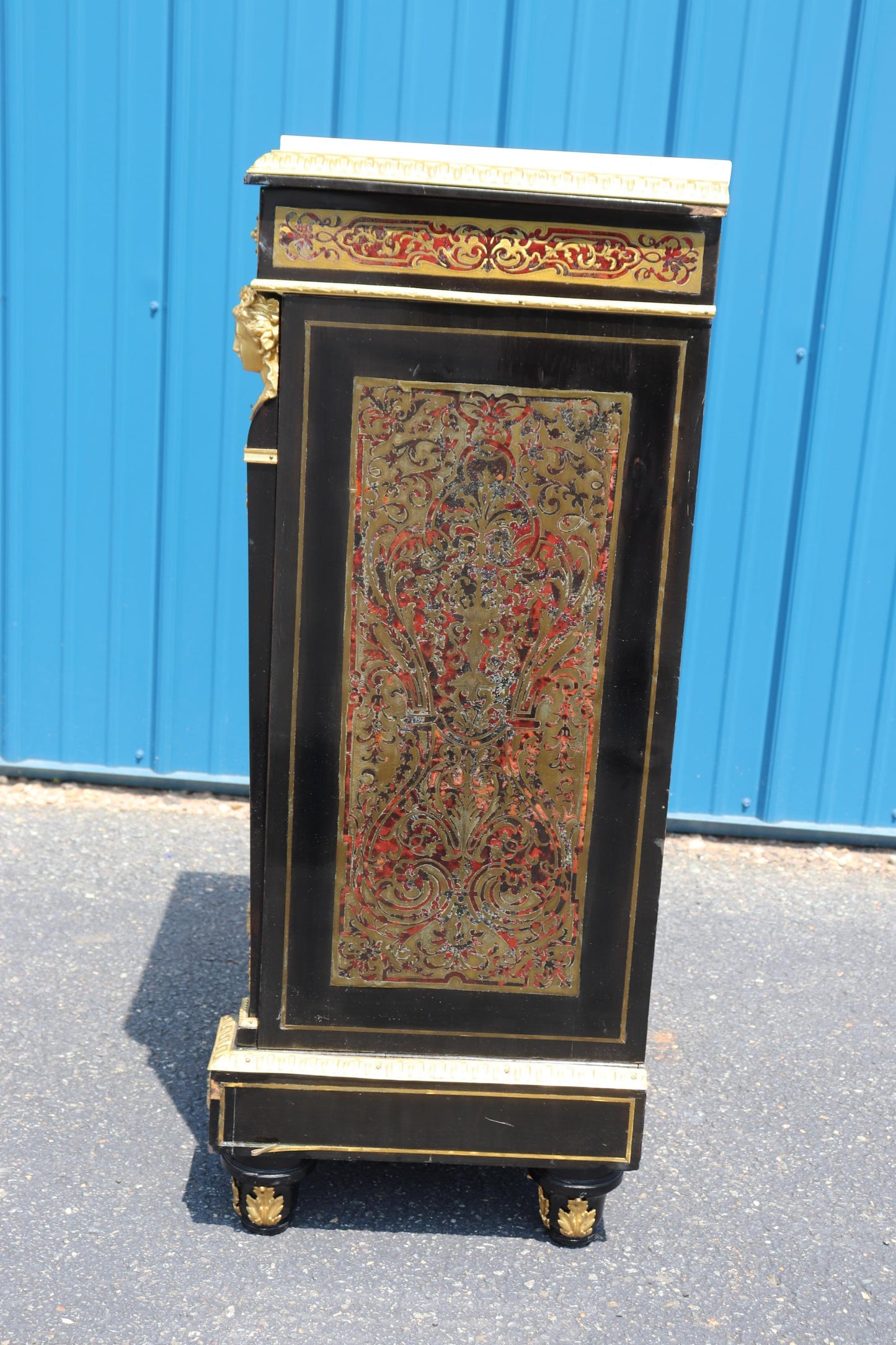 Figural Dor'e Bronze Brass Inlaid Ebonizied Marble Top Boulle Style Nightstand