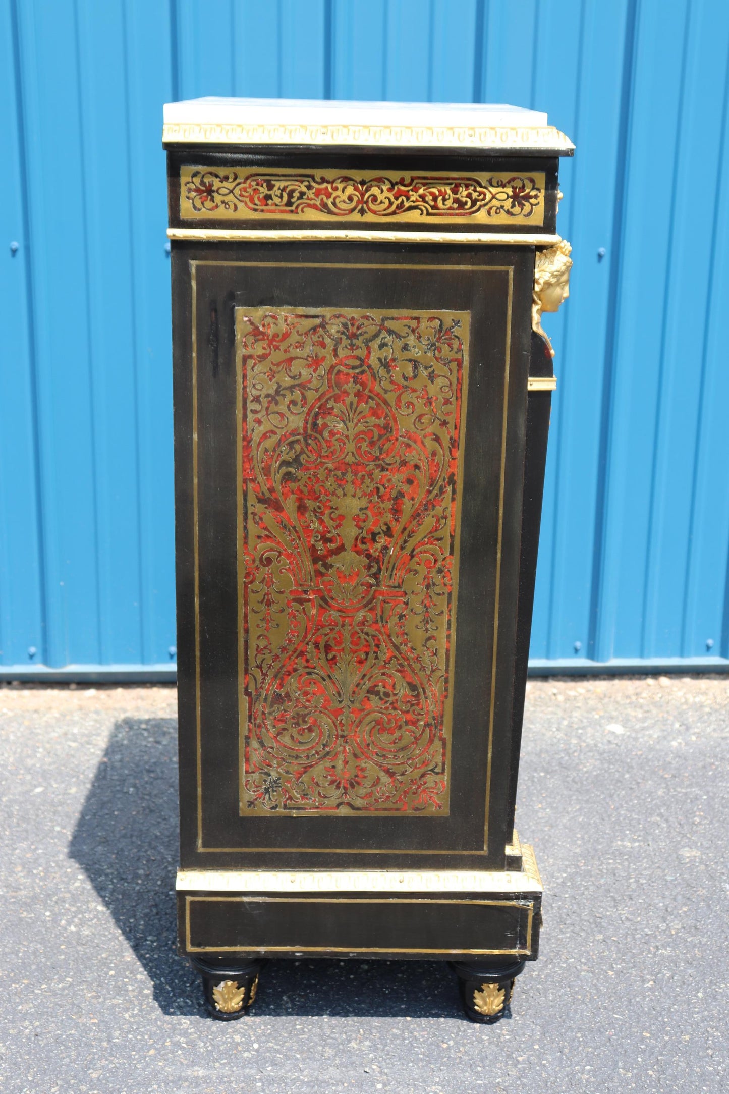 Figural Dor'e Bronze Brass Inlaid Ebonizied Marble Top Boulle Style Nightstand