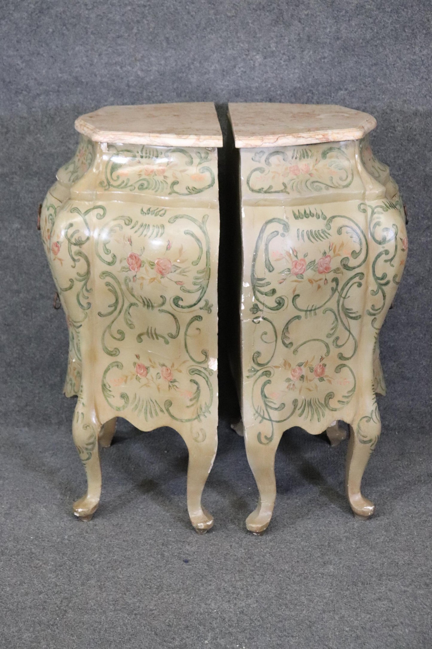 Rare Pair 18th Century Venetian Paint Decorated Marble Top Commodes Nightstands