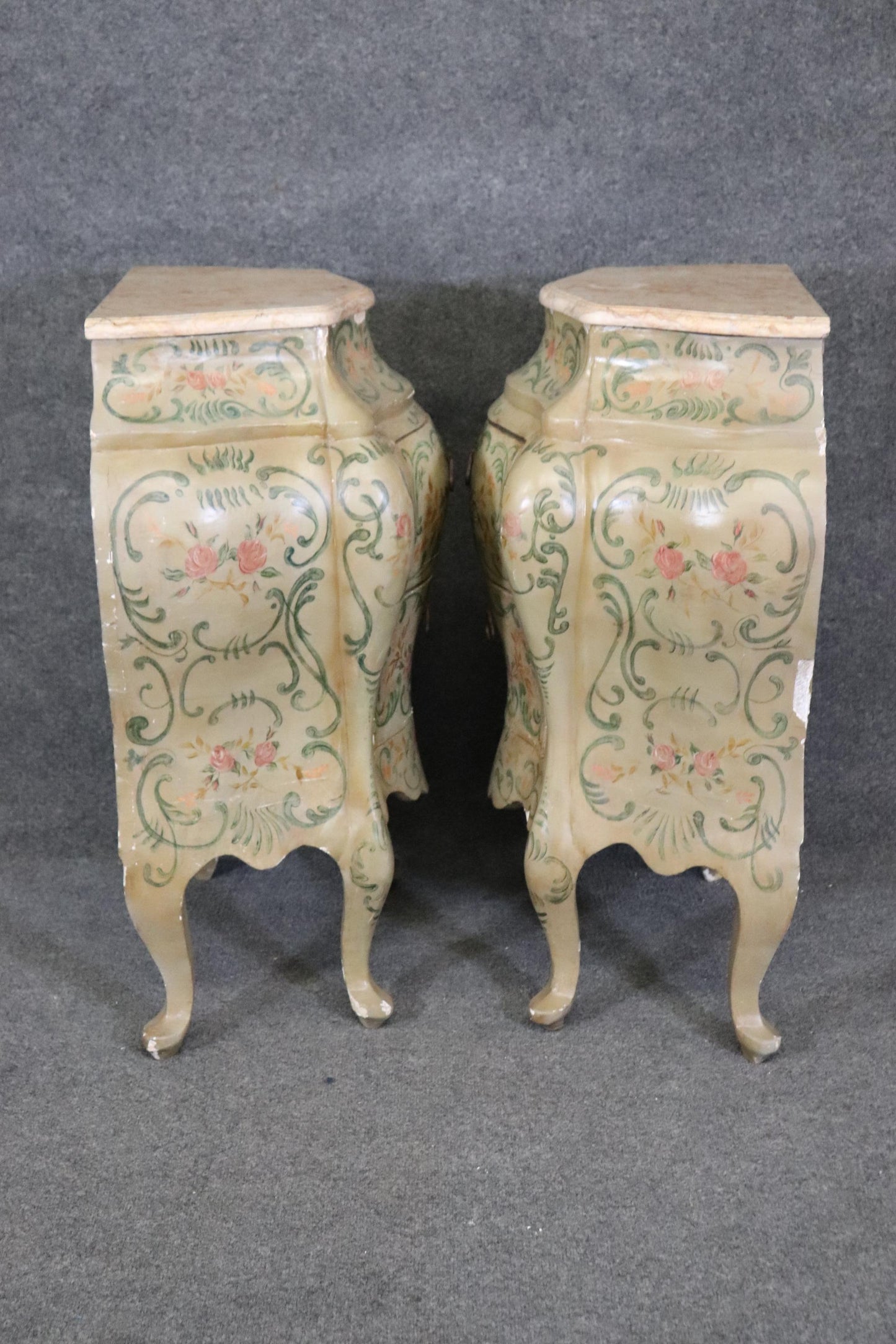 Rare Pair 18th Century Venetian Paint Decorated Marble Top Commodes Nightstands