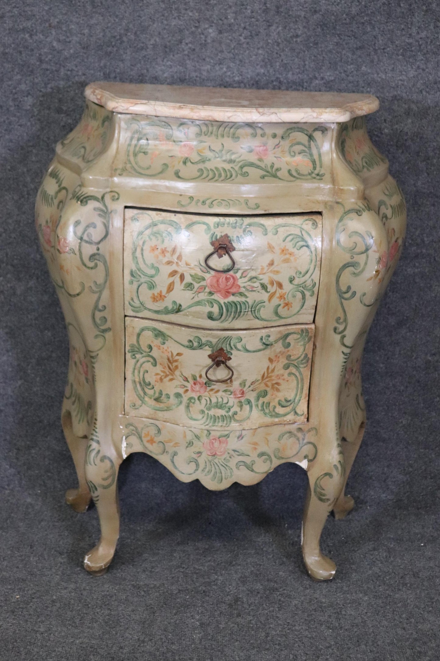 Rare Pair 18th Century Venetian Paint Decorated Marble Top Commodes Nightstands