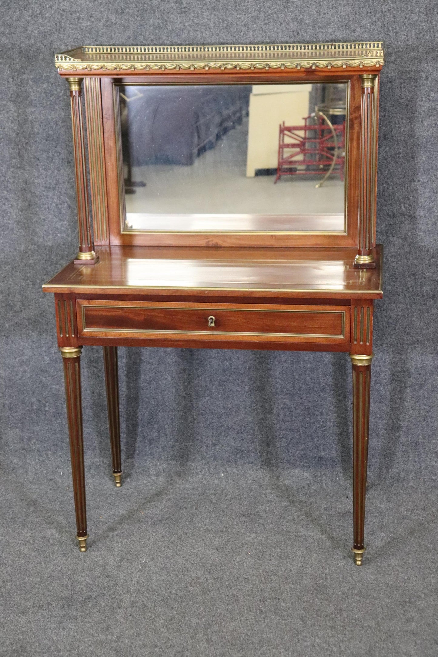 Fine French Ormolu Mounted Mahogany Directoire Marble Top Mirrored Vanity Desk