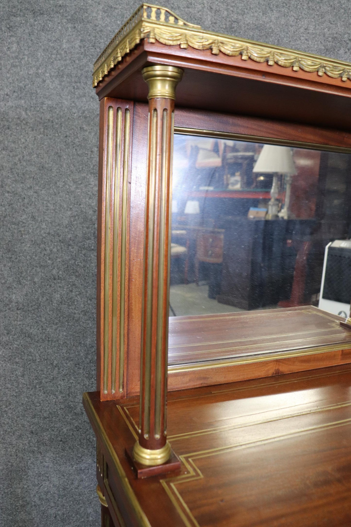 Fine French Ormolu Mounted Mahogany Directoire Marble Top Mirrored Vanity Desk