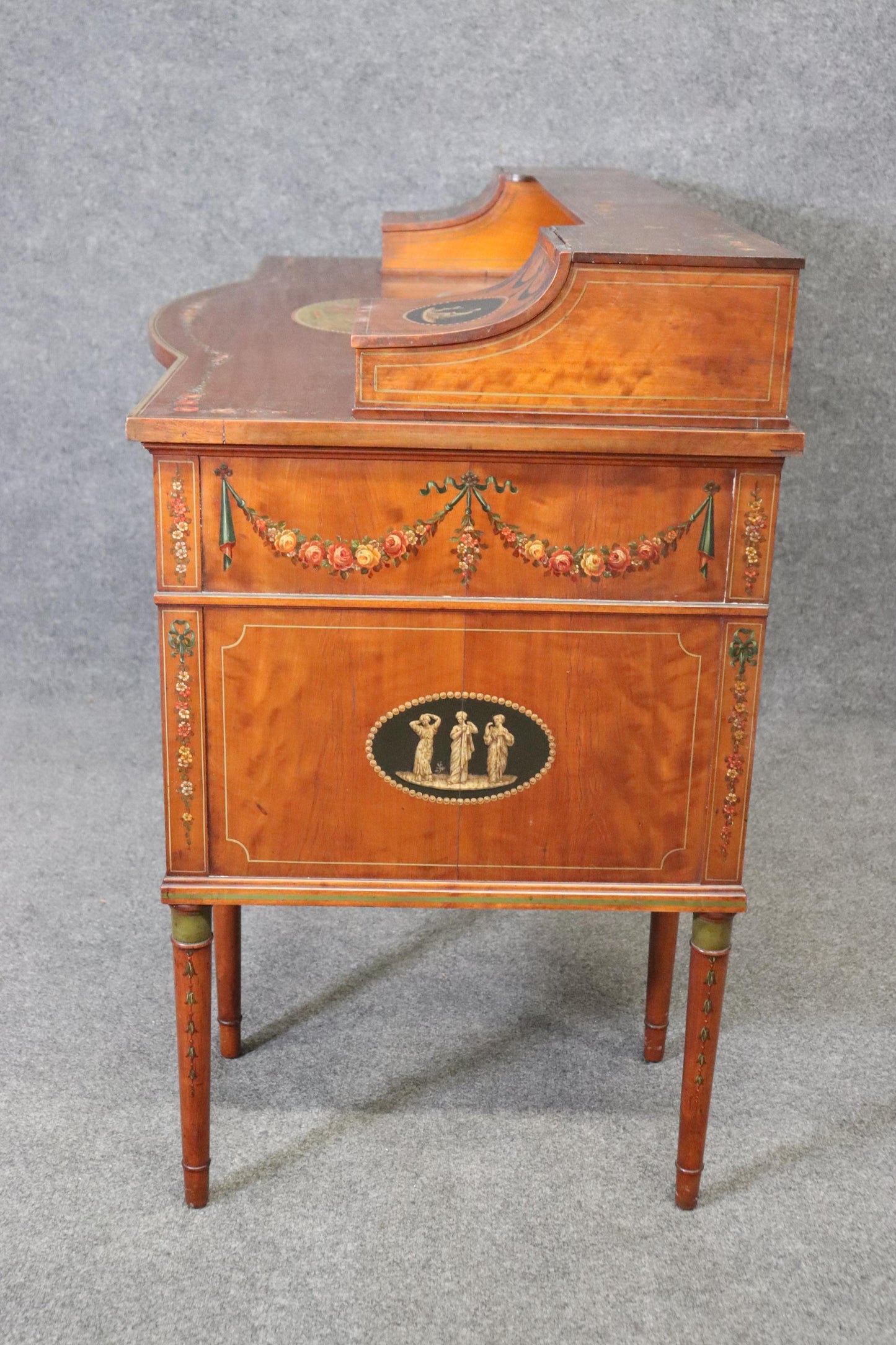 Superb English Paint Decorated Adams Satinwood Carlton House Desk Circa 1890s