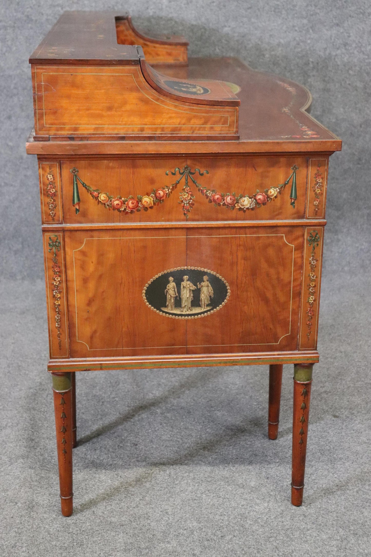 Superb English Paint Decorated Adams Satinwood Carlton House Desk Circa 1890s