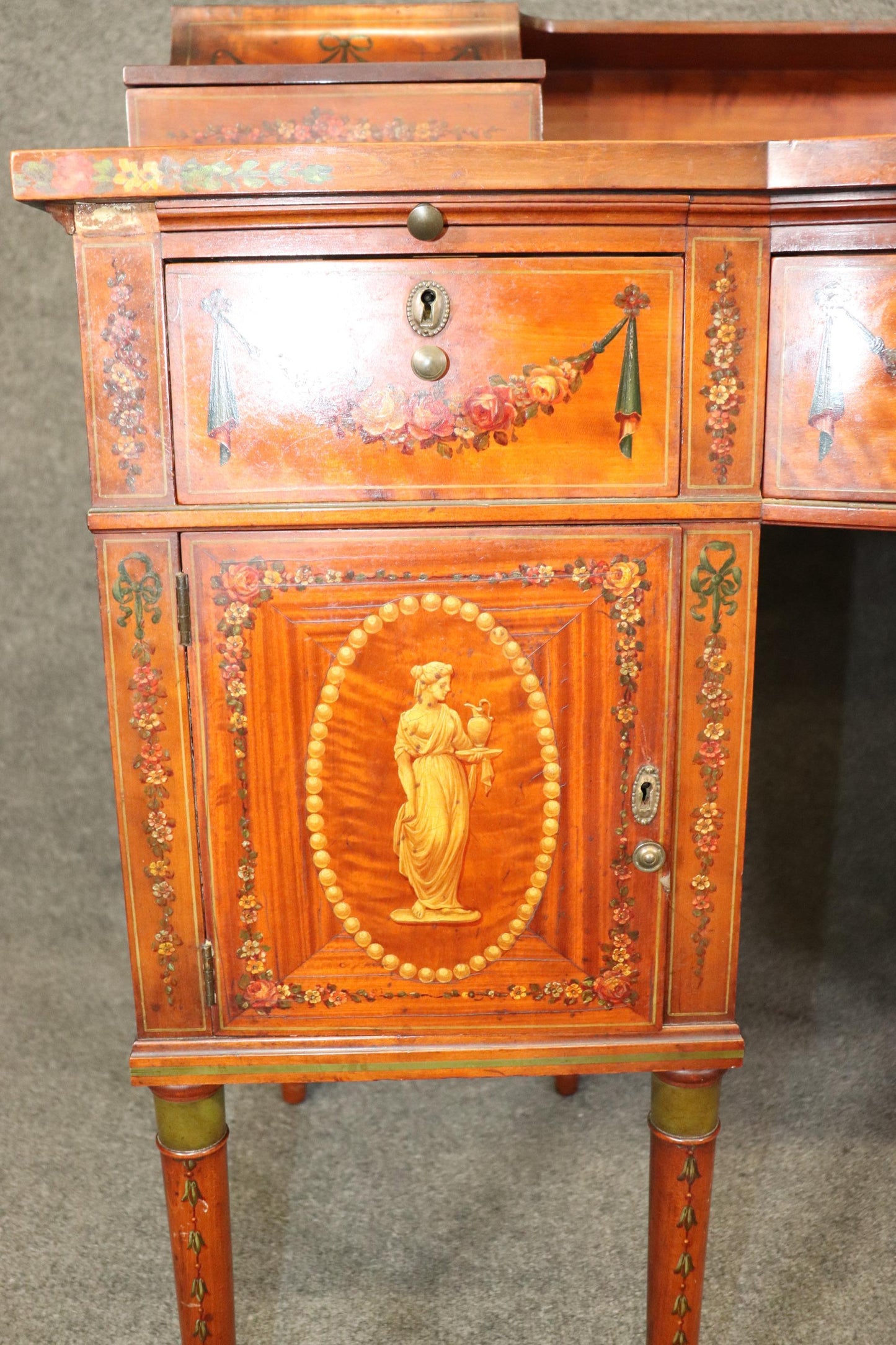 Superb English Paint Decorated Adams Satinwood Carlton House Desk Circa 1890s