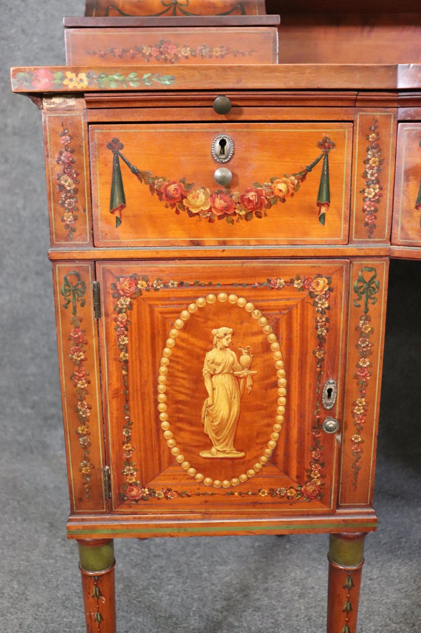 Superb English Paint Decorated Adams Satinwood Carlton House Desk Circa 1890s