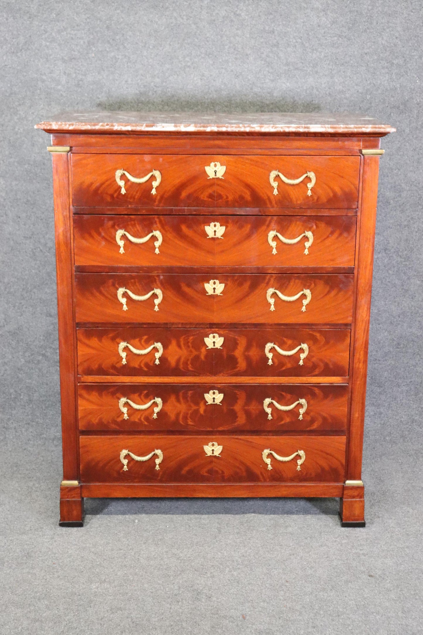 Signed Maison Jansen of Paris Flame Mahogany Tall Chest Dresser With Marble Top