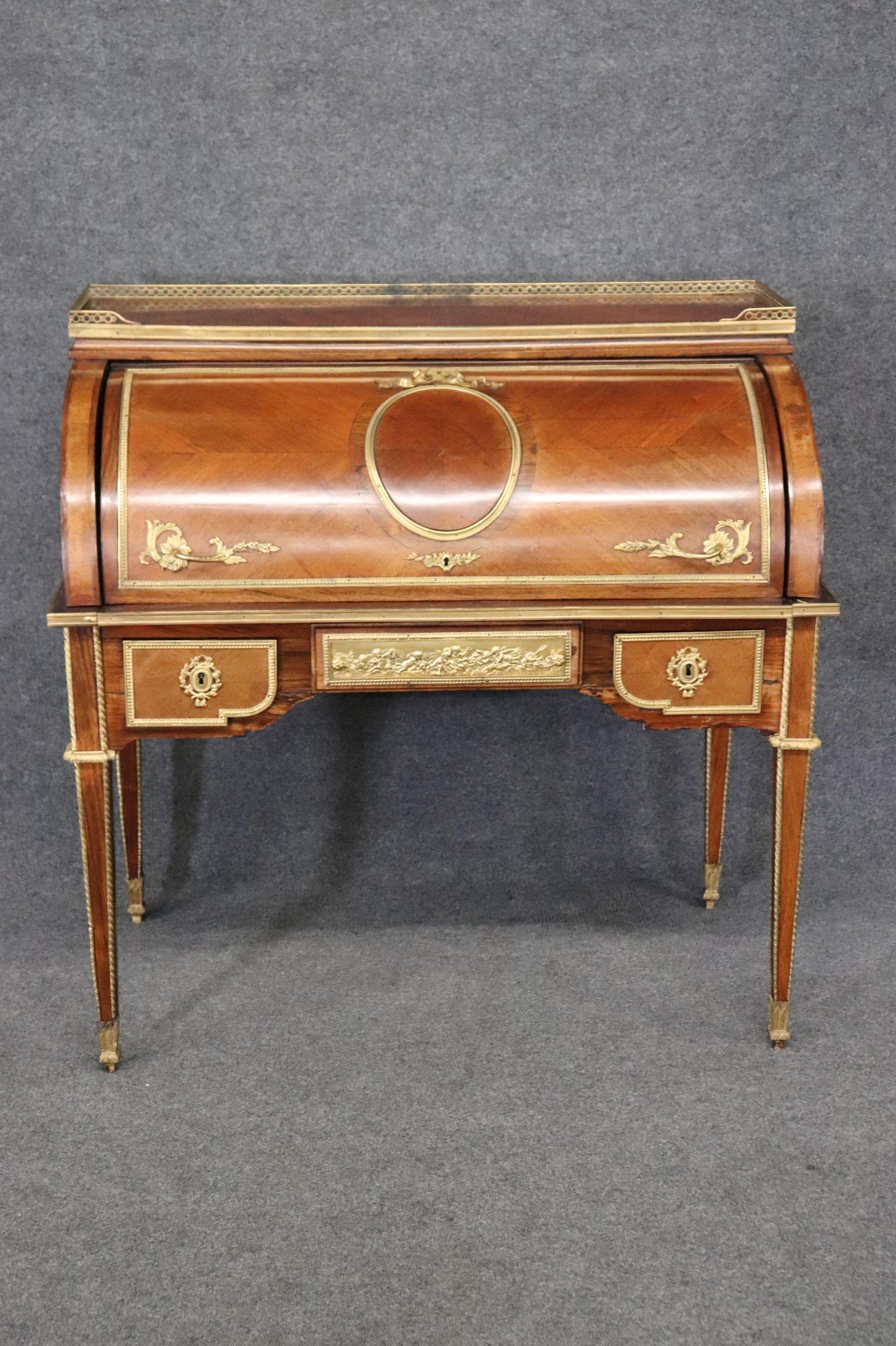 Best Dore' Bronze Mounted Putti Walnut Cylinder Writing Desk with Leather