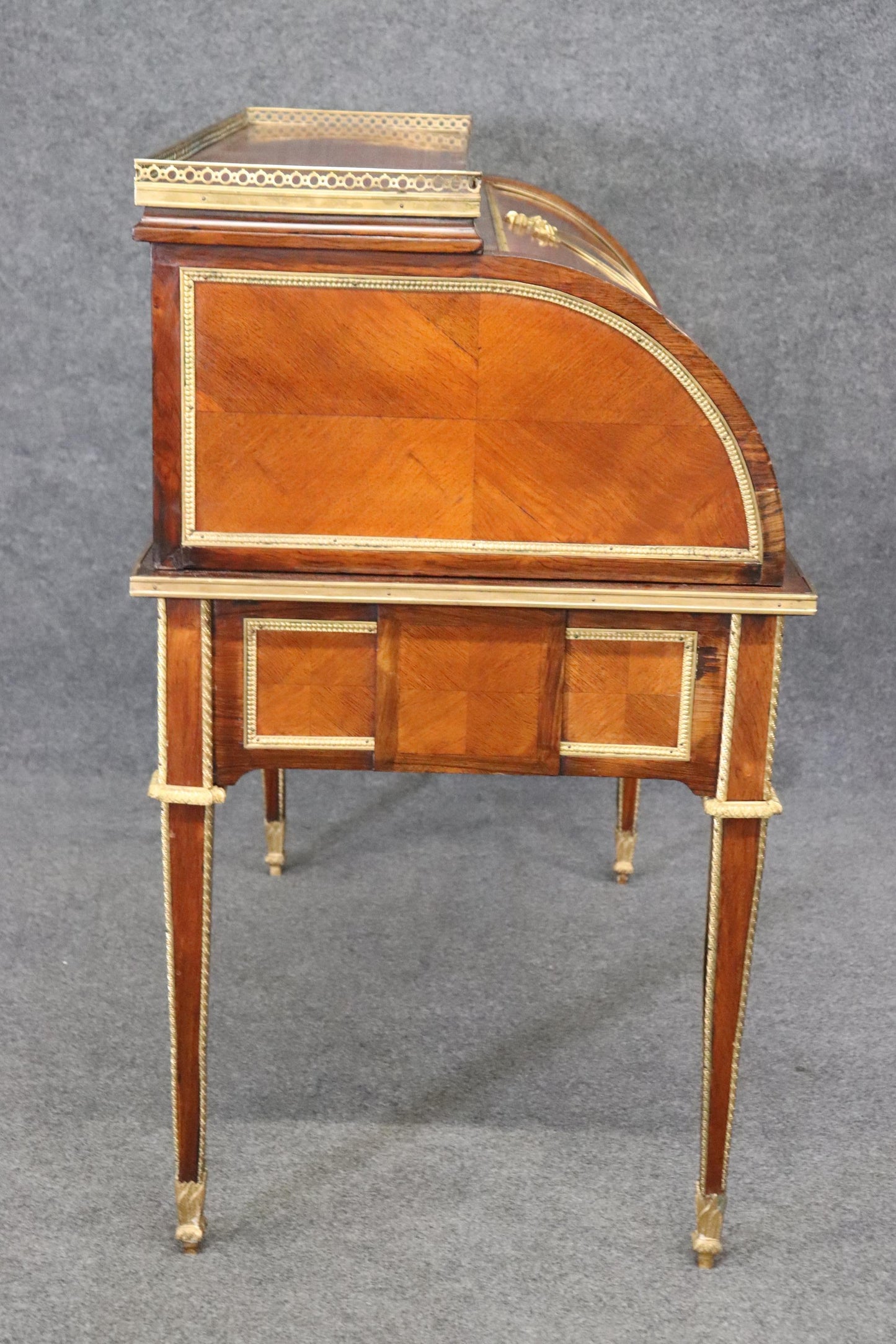 Best Dore' Bronze Mounted Putti Walnut Cylinder Writing Desk with Leather