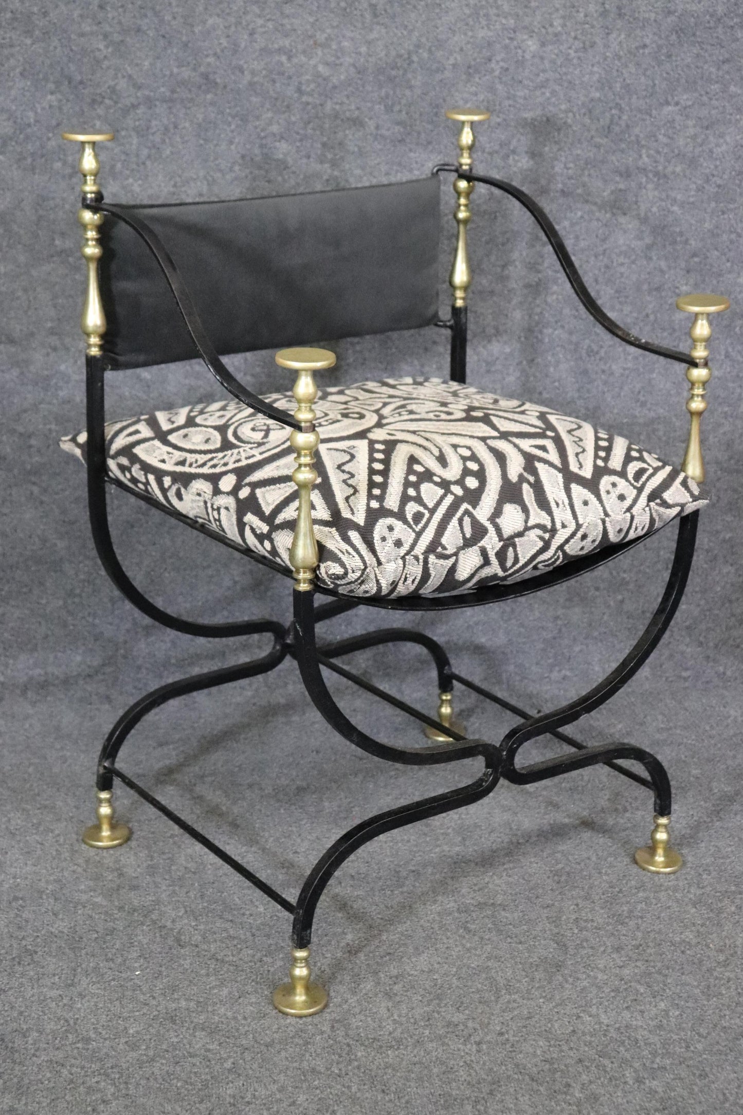 Pair of Maison Jansen Style Wrought Iron and Brass Savonarolla Armchairs