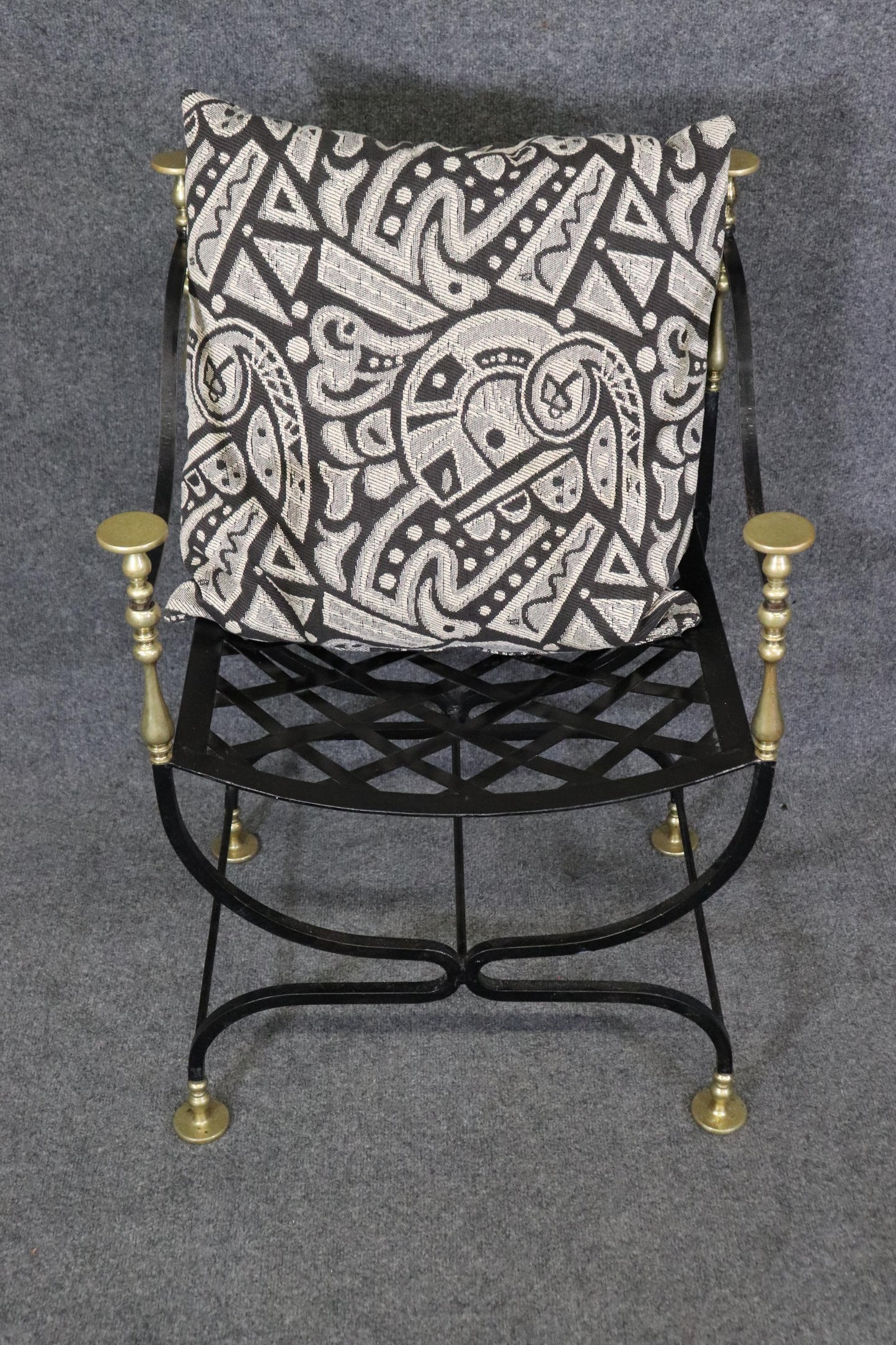 Pair of Maison Jansen Style Wrought Iron and Brass Savonarolla Armchairs