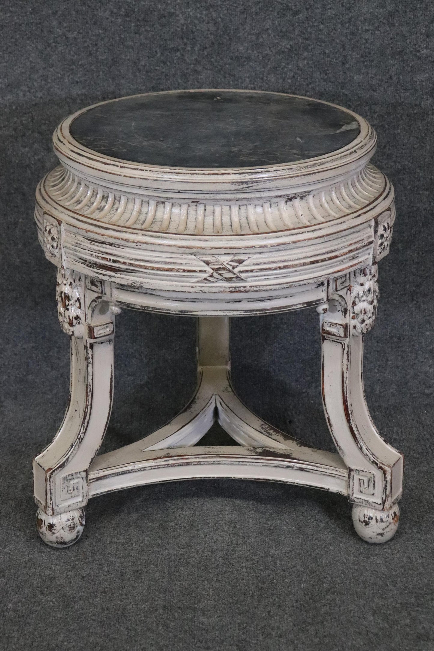 French Regency Style Distressed Finished Marble Top Round End Table Pedestal