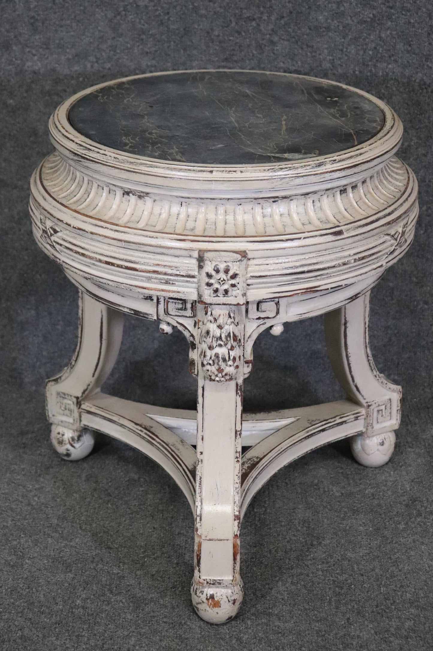 French Regency Style Distressed Finished Marble Top Round End Table Pedestal