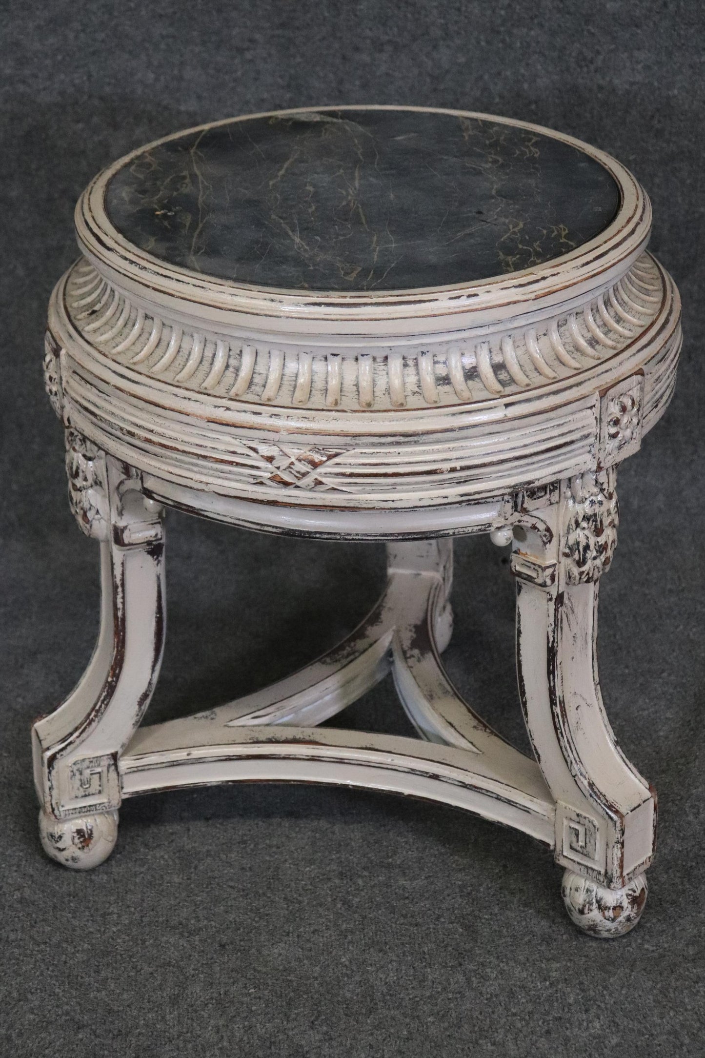 French Regency Style Distressed Finished Marble Top Round End Table Pedestal