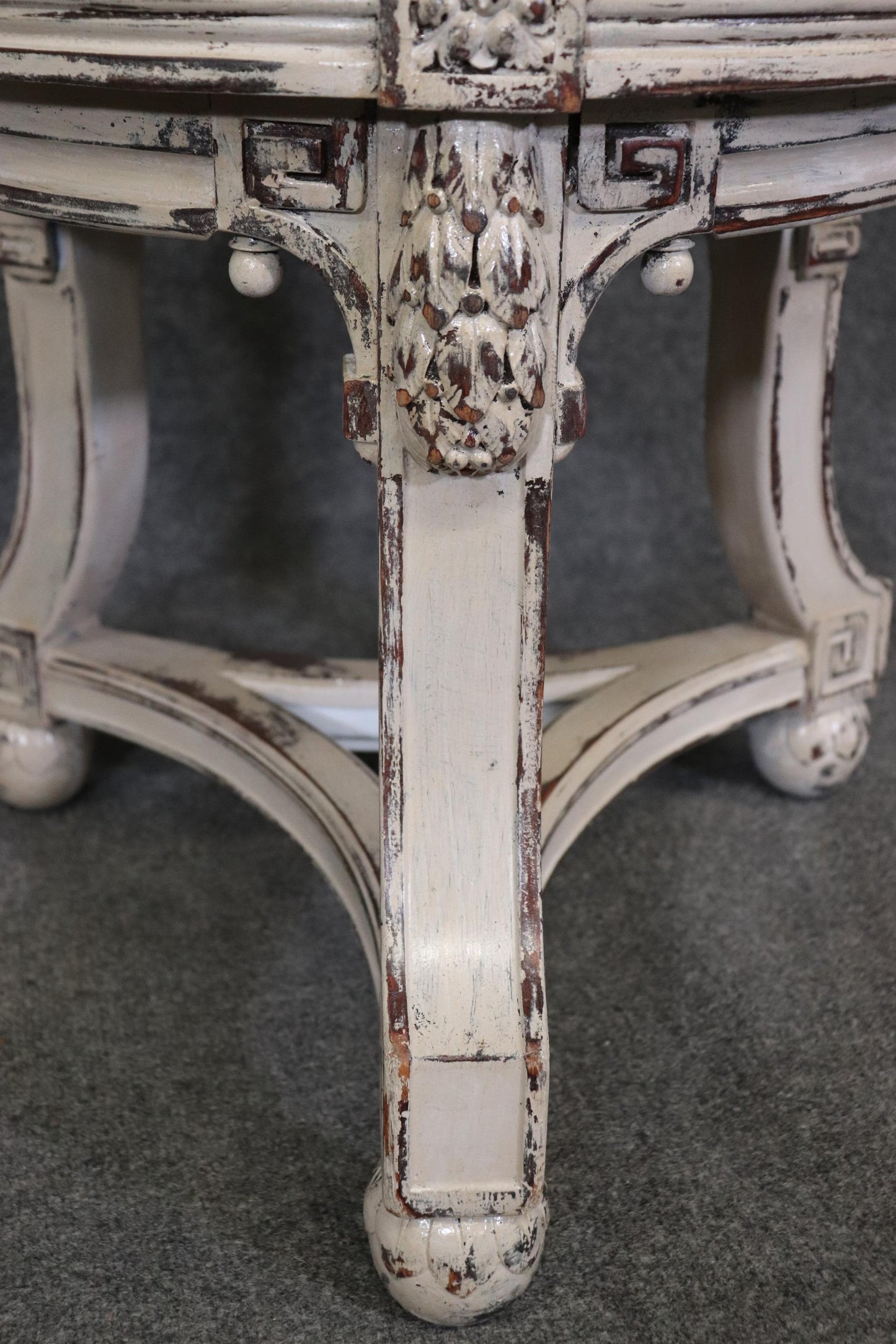 French Regency Style Distressed Finished Marble Top Round End Table Pedestal