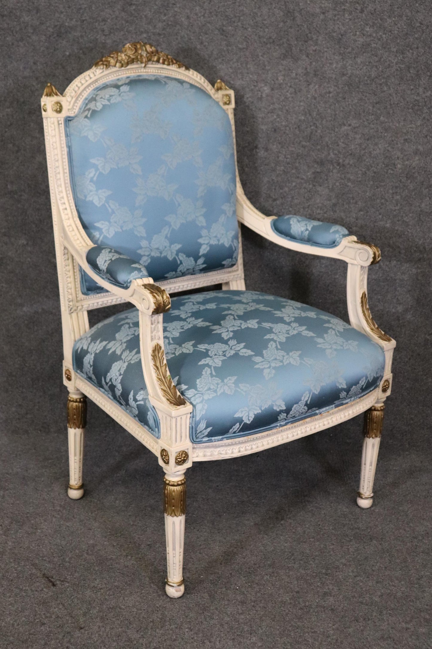 Gorgeous Pair French Carved Painted and Gilded Armchairs Blue Silk