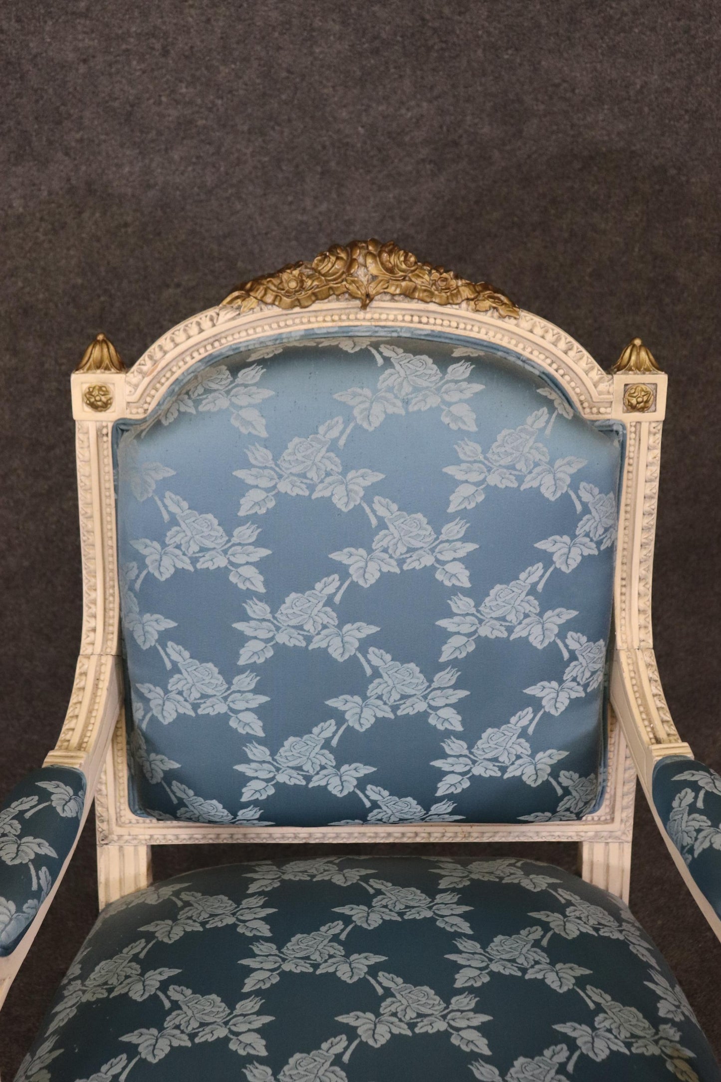 Gorgeous Pair French Carved Painted and Gilded Armchairs Blue Silk