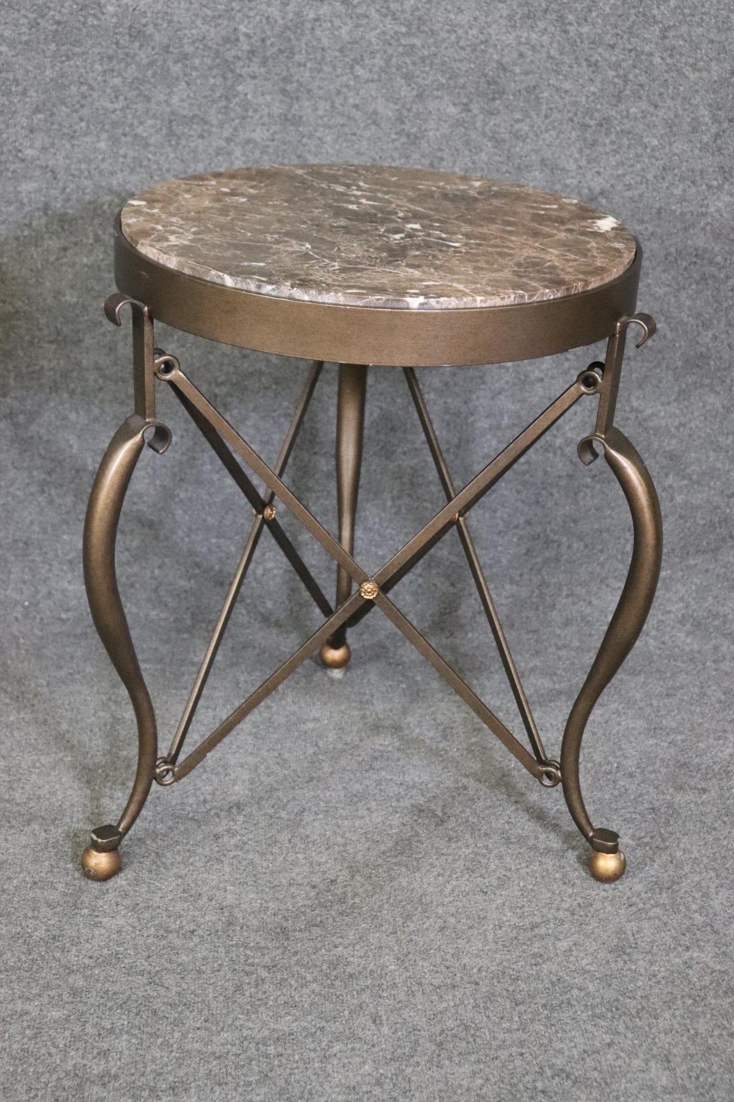 Pair of Round French Directoire Style Bronze Colored Steel Marble Top Gueridons