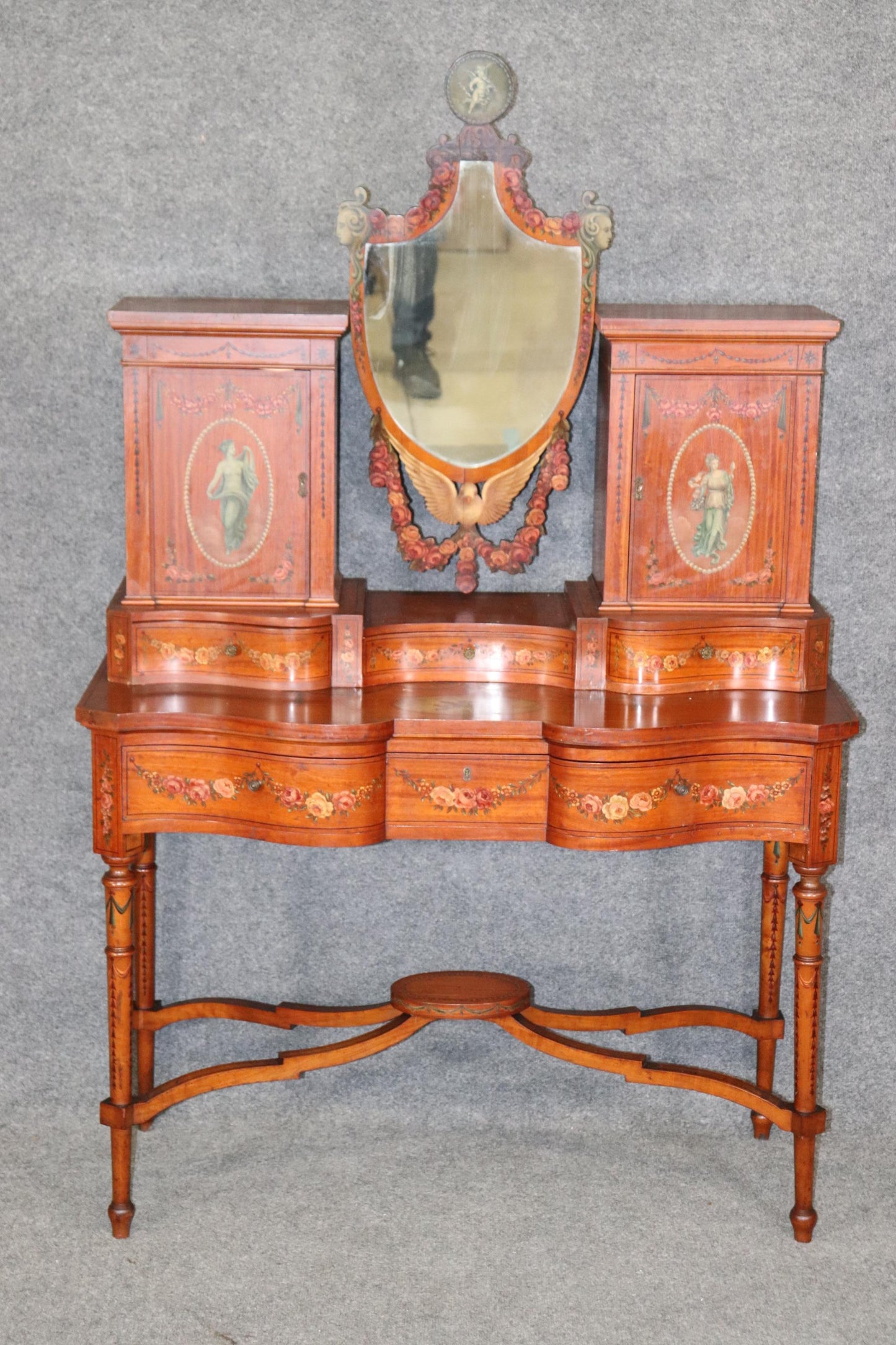 Fine Quality Gillow & Co Satinwood Paint Decorated Ladies Vanity Circa 1890s