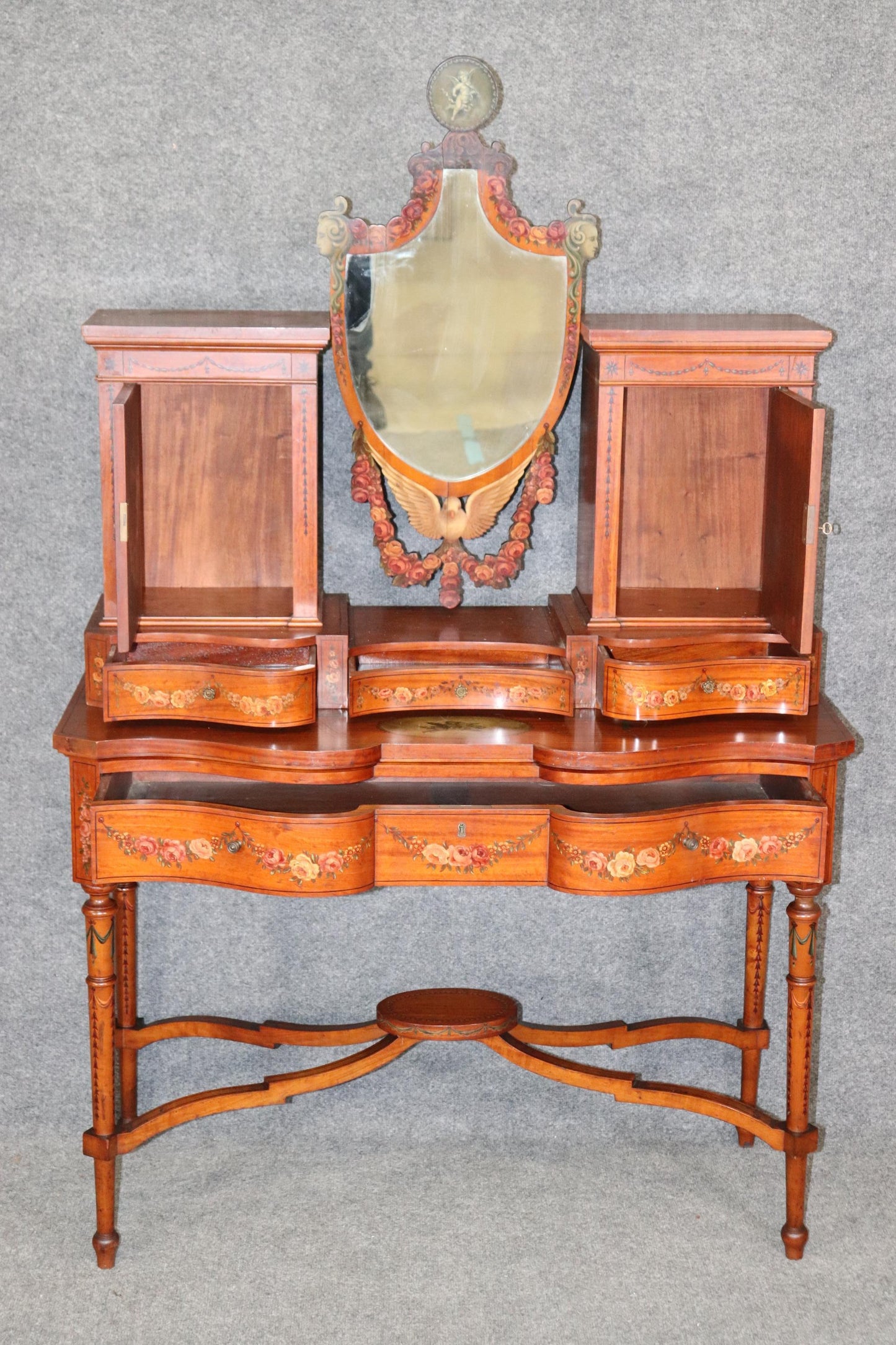 Fine Quality Gillow & Co Satinwood Paint Decorated Ladies Vanity Circa 1890s