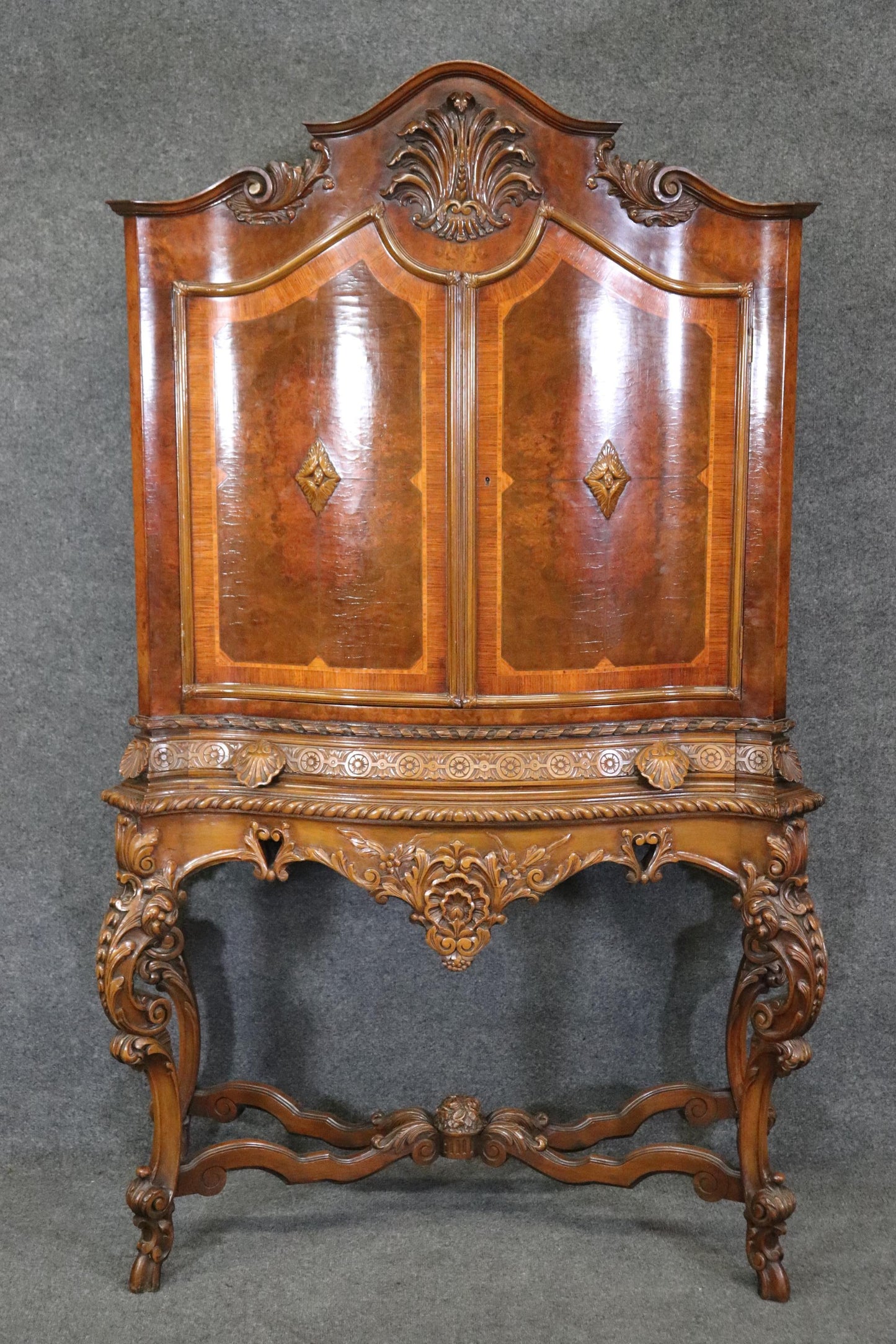 Tall Inlaid Carved Walnut French Louis XV China Cabinet Bar Circa 1920