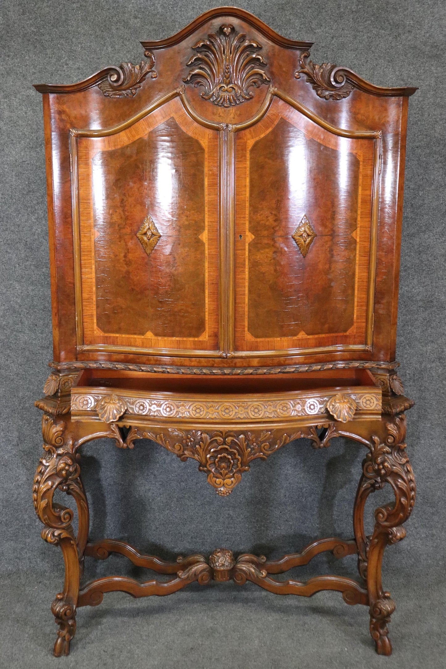 Tall Inlaid Carved Walnut French Louis XV China Cabinet Bar Circa 1920