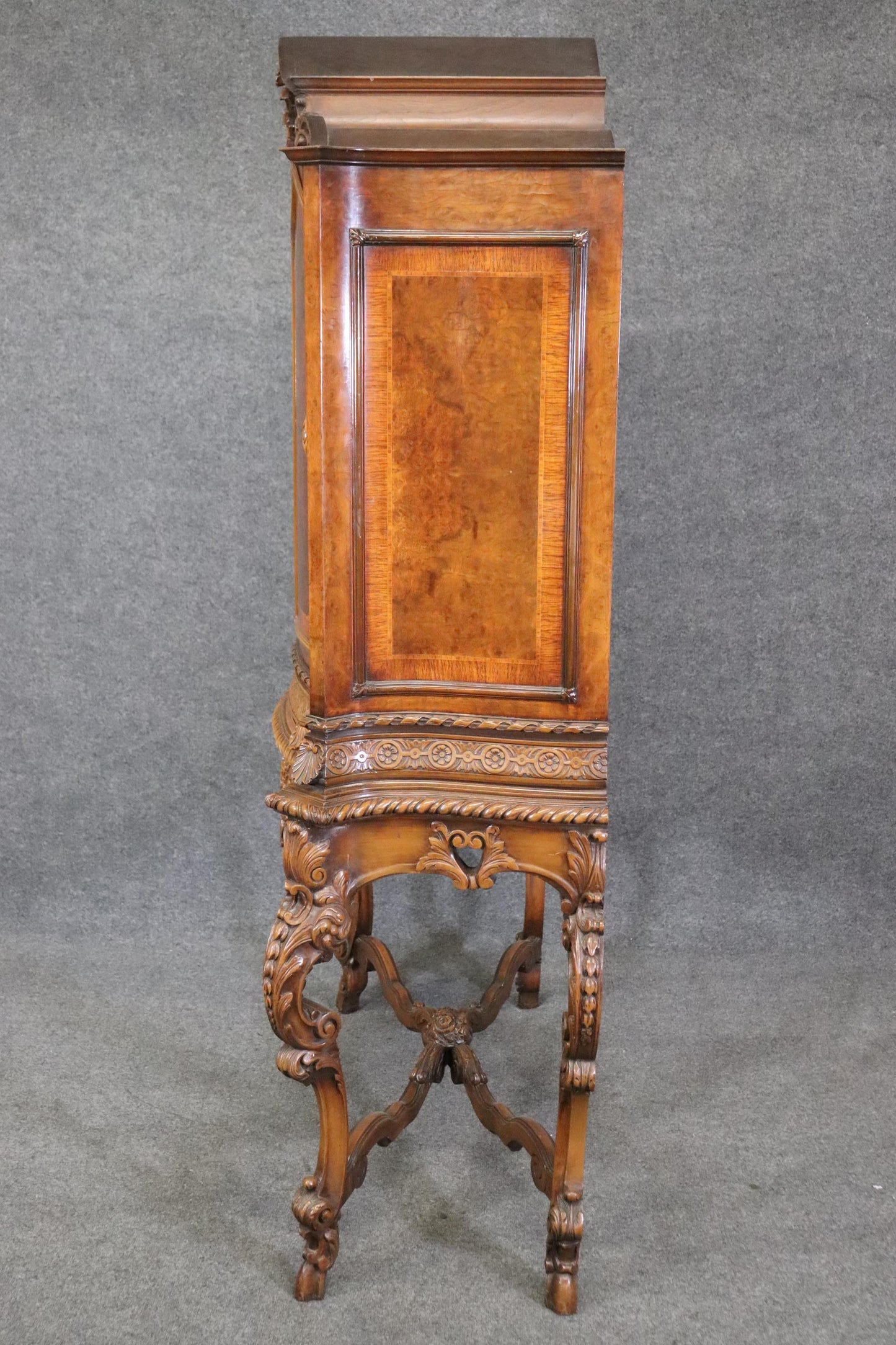 Tall Inlaid Carved Walnut French Louis XV China Cabinet Bar Circa 1920