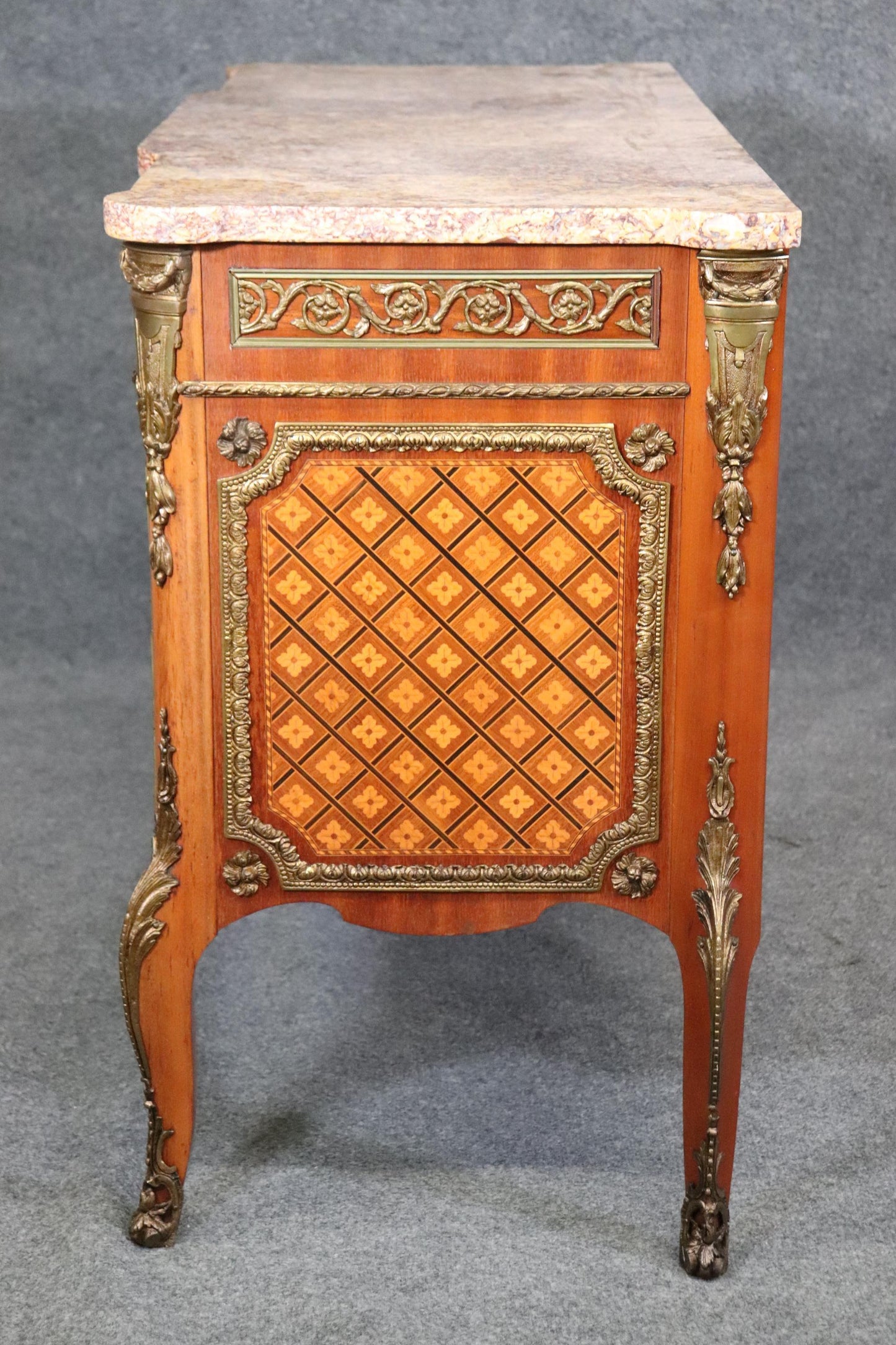 Superb Inlaid French Louis XV Bronze Mounted Marble Top Commode