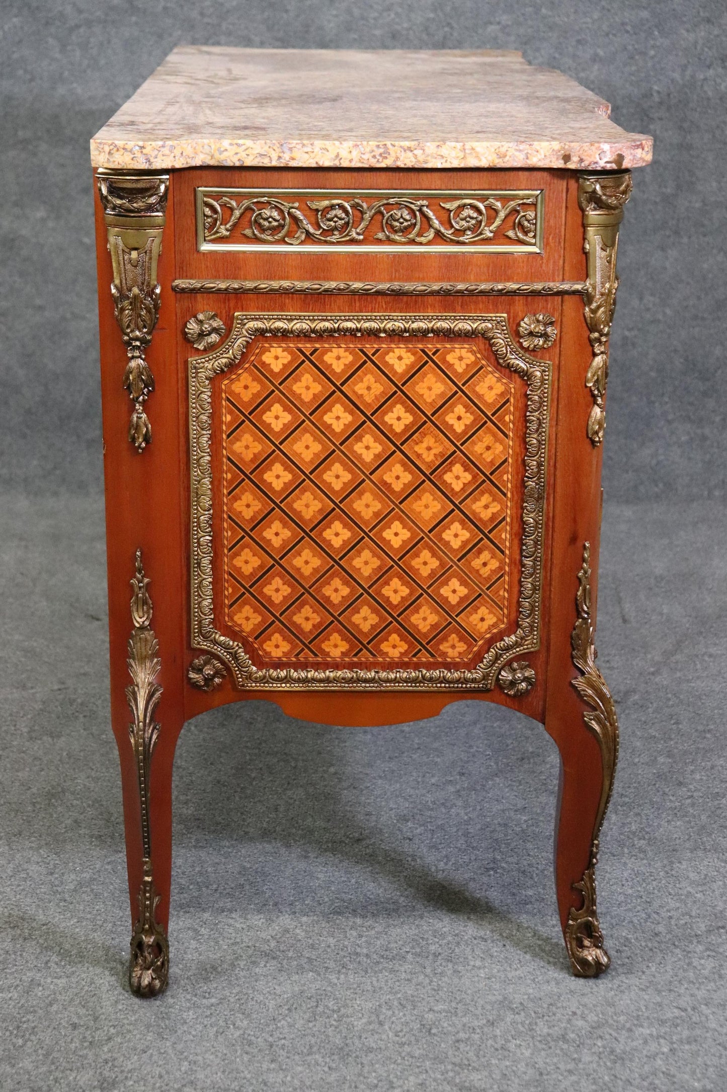 Superb Inlaid French Louis XV Bronze Mounted Marble Top Commode