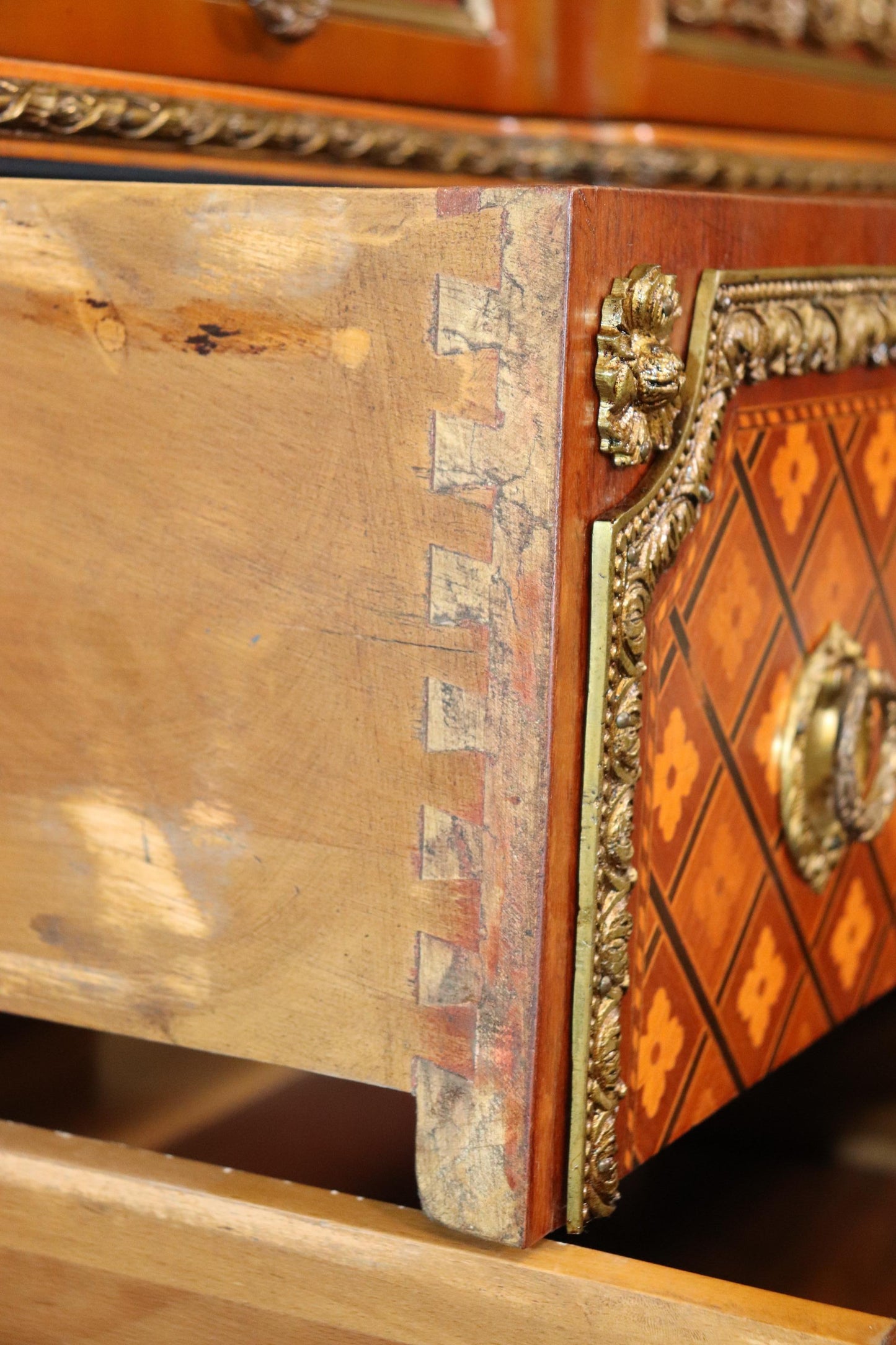 Superb Inlaid French Louis XV Bronze Mounted Marble Top Commode