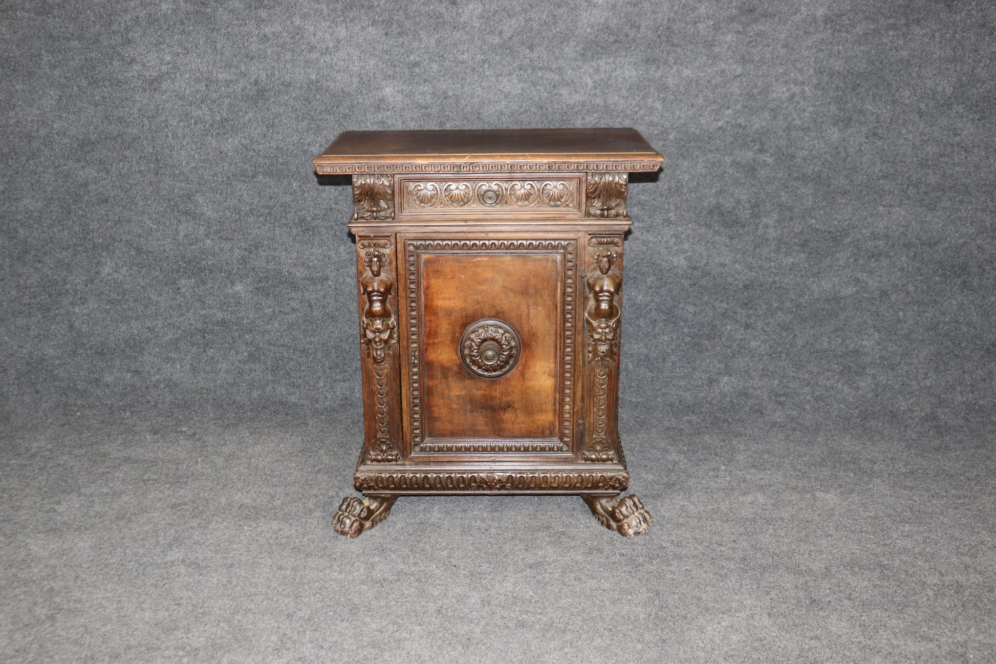 Fine Quality 18th Century Walnut Italian Carved Figural Side Cabinet Commode