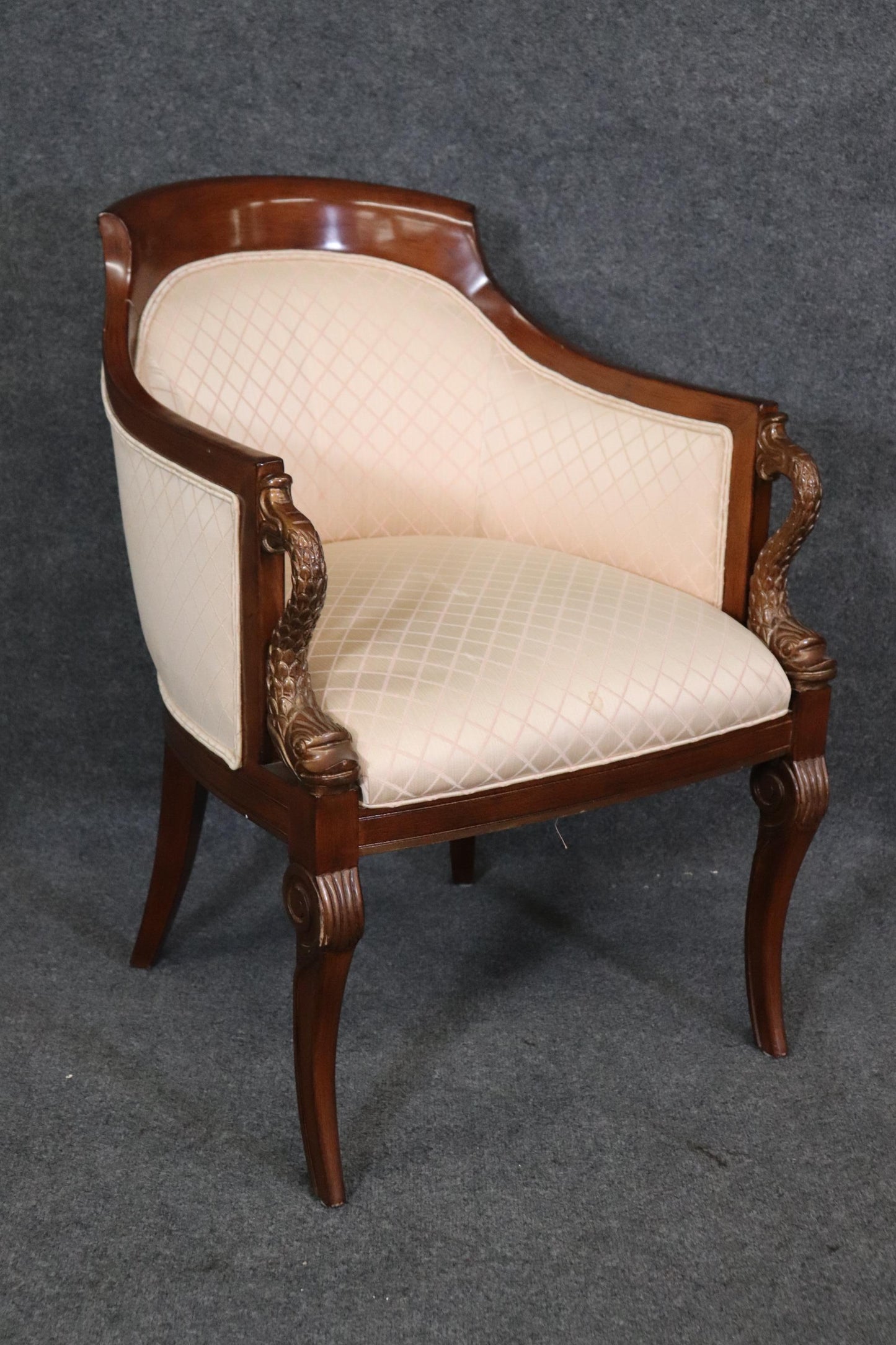 Pair of French Directoire Style Carved Dolphin Mahogany Club Chairs Circa 1970