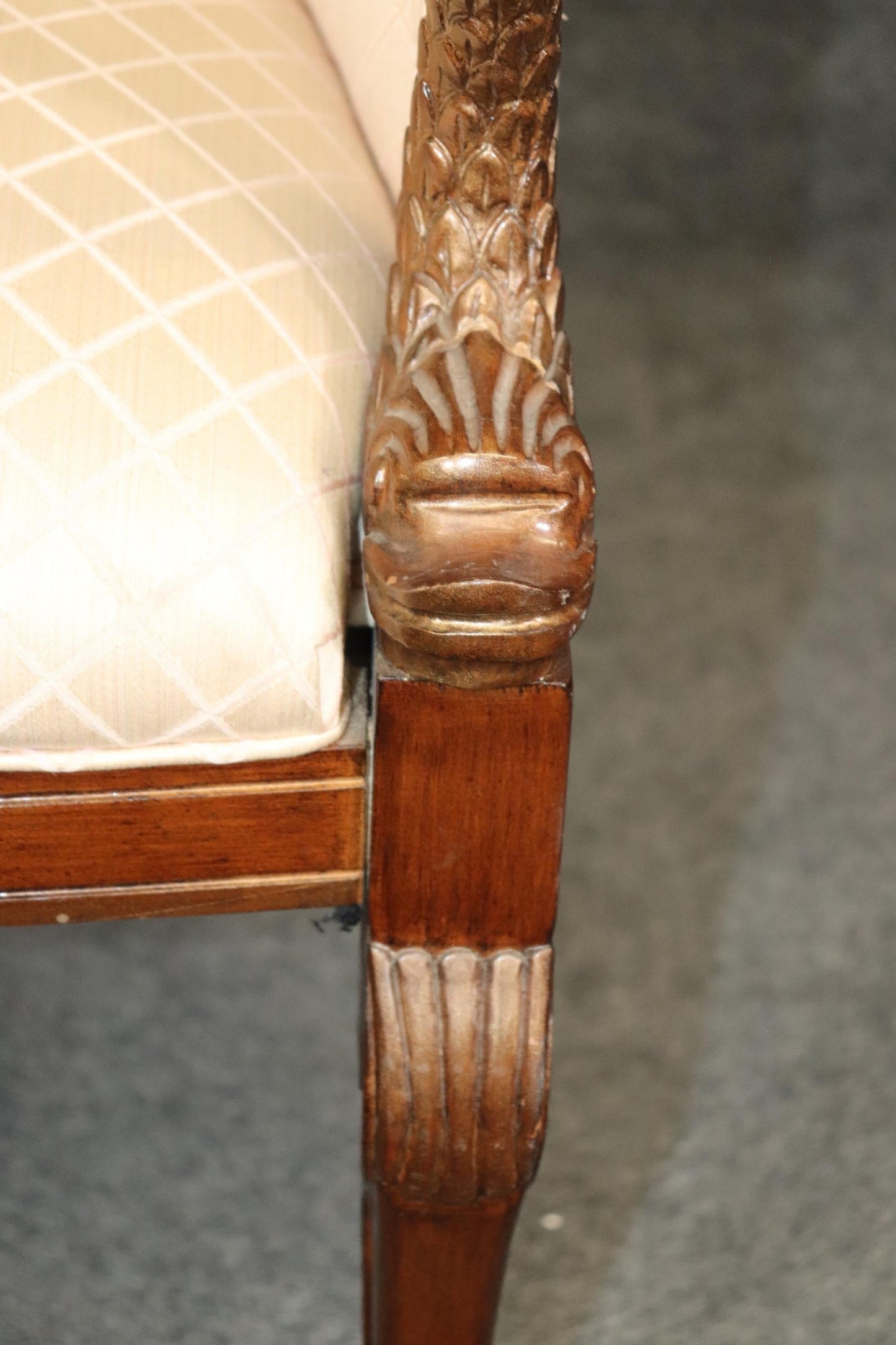 Pair of French Directoire Style Carved Dolphin Mahogany Club Chairs Circa 1970