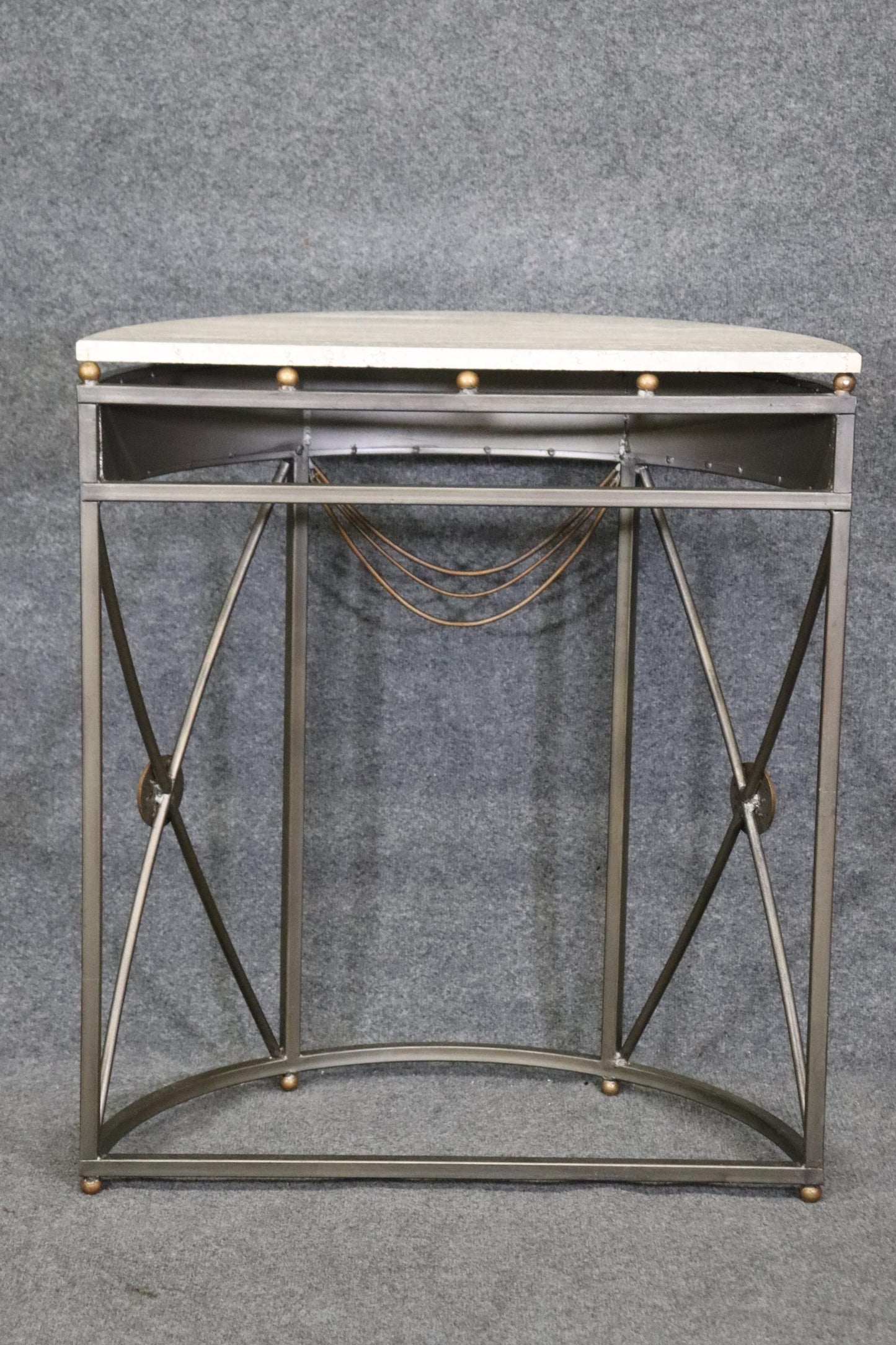 Unique Greek Key John Vesey Style Marble Top Steel Demilune Console Table